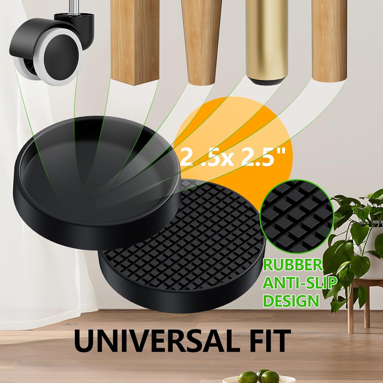 non slip furniture pads - 2.5" anti skid caster cups, 16pcs round furniture coasters for hardwood floors,anti slide furniture cup bed couch floor protectors,furniture stoppers to prevent sliding,black round 2.5" 16pcs black