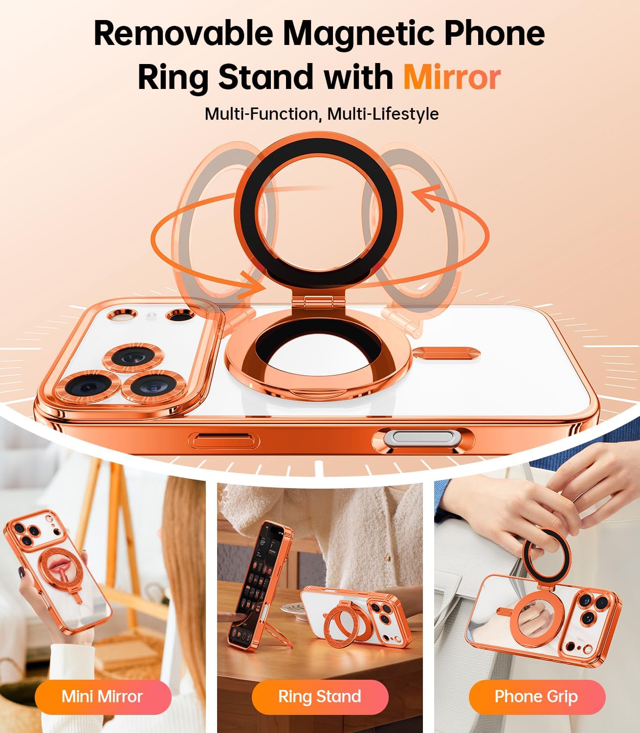 Meifigno Designed for iPhone 17 Pro Max Magnetic Case with Removable Phone Ring Stand, Glitter Card & Wrist Strap, Compatible with MagSafe, Built in Mirror, Phone Ring Holder + Case Kit, Orange