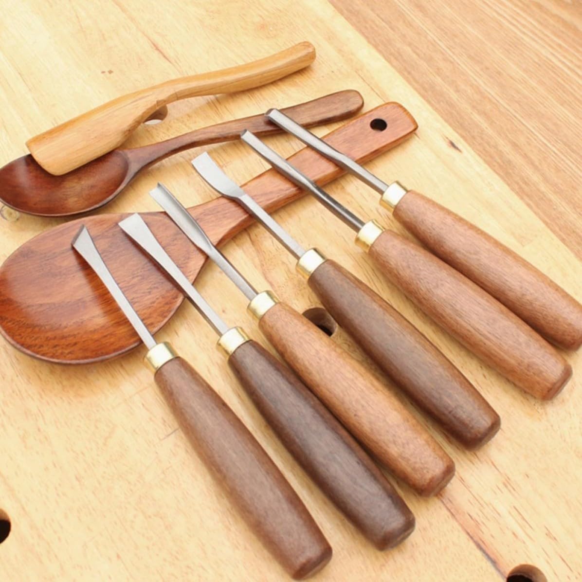 LIFKOME Scalpello da Intaglio Acciaio al Manganese Manico in Noce 6 Pezzi Legno Scalpello da Falegname per Intaglio del Legno per Falegnami Professionisti