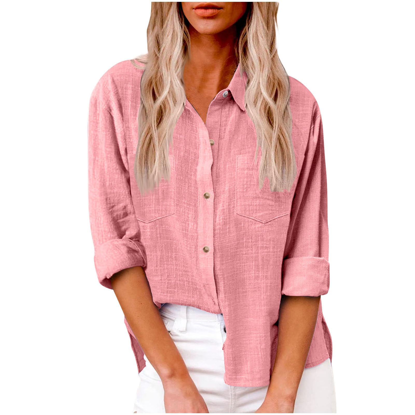 AMhomely Womens Button Down Shirts Long Sleeve Blouse Plus Size Button Down Casual Tops Oversized Cotton Linen Tunic Tops with Pocket Loose Pullover Tunic Tops Elegant Flowy Blouse Going Out Pink 3XL