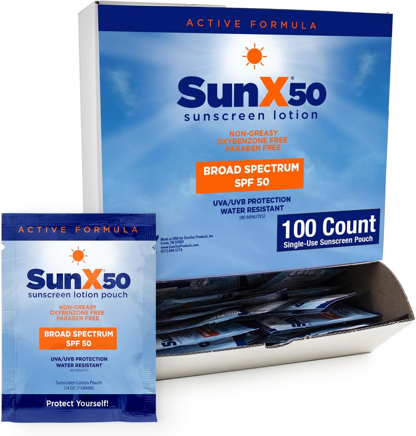 CoreTex SunX SPF50 Broad Spectrum Sunscreen Dispenser Box, 100-Pack