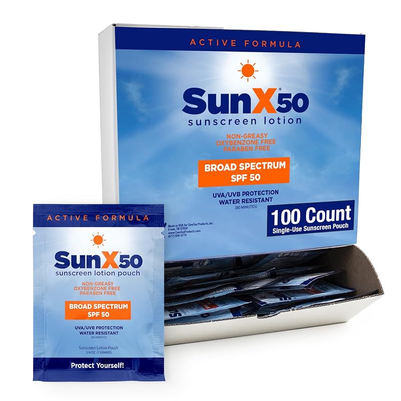 Protetor solar corporal CoreTex Sun X 50 FPS 50 em sachês, Pacote com 100