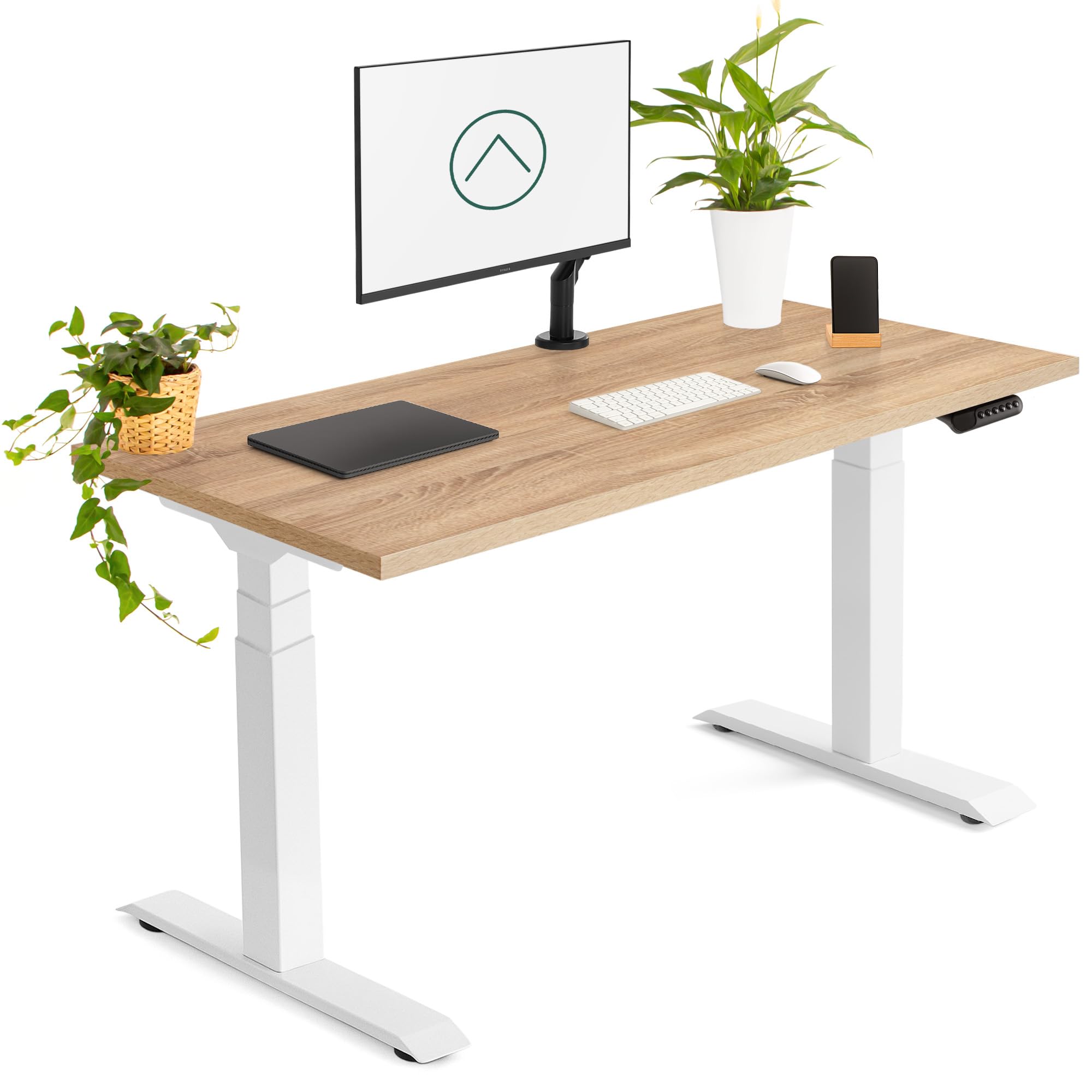 Escritorio Elevable Eléctrico 2 Motores | Tablero 140x70 cm Roble | Patas Blancas | Ajustable en Altura 62-127 cm | Standing Desk Ergonómico, Mesa Elevable