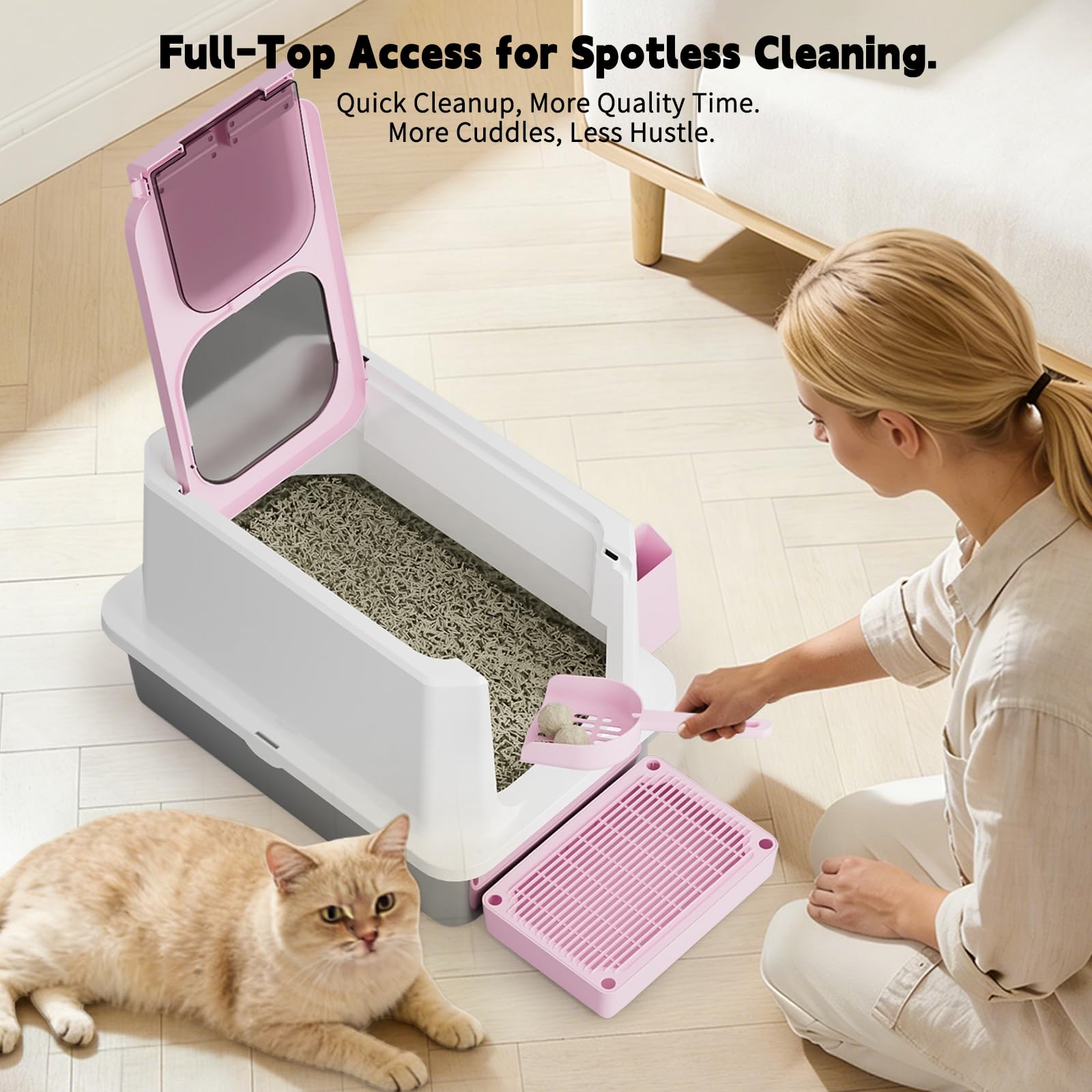 Sfozstra Lettiera grande per gatti: lettiera in acciaio inox con bordi rialzati, a prova di perdite e inodore, per gatti piccoli o grandi in camera da letto o sul balcone (rosa)