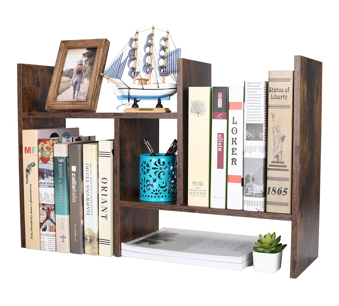 PAG Adjustable Wood Desktop Bookshelf,Small Desk Shelves Freestanding Home and Office Supplies Storage,Display Shelf Desk Tidy Organiser,Brown - Image 2