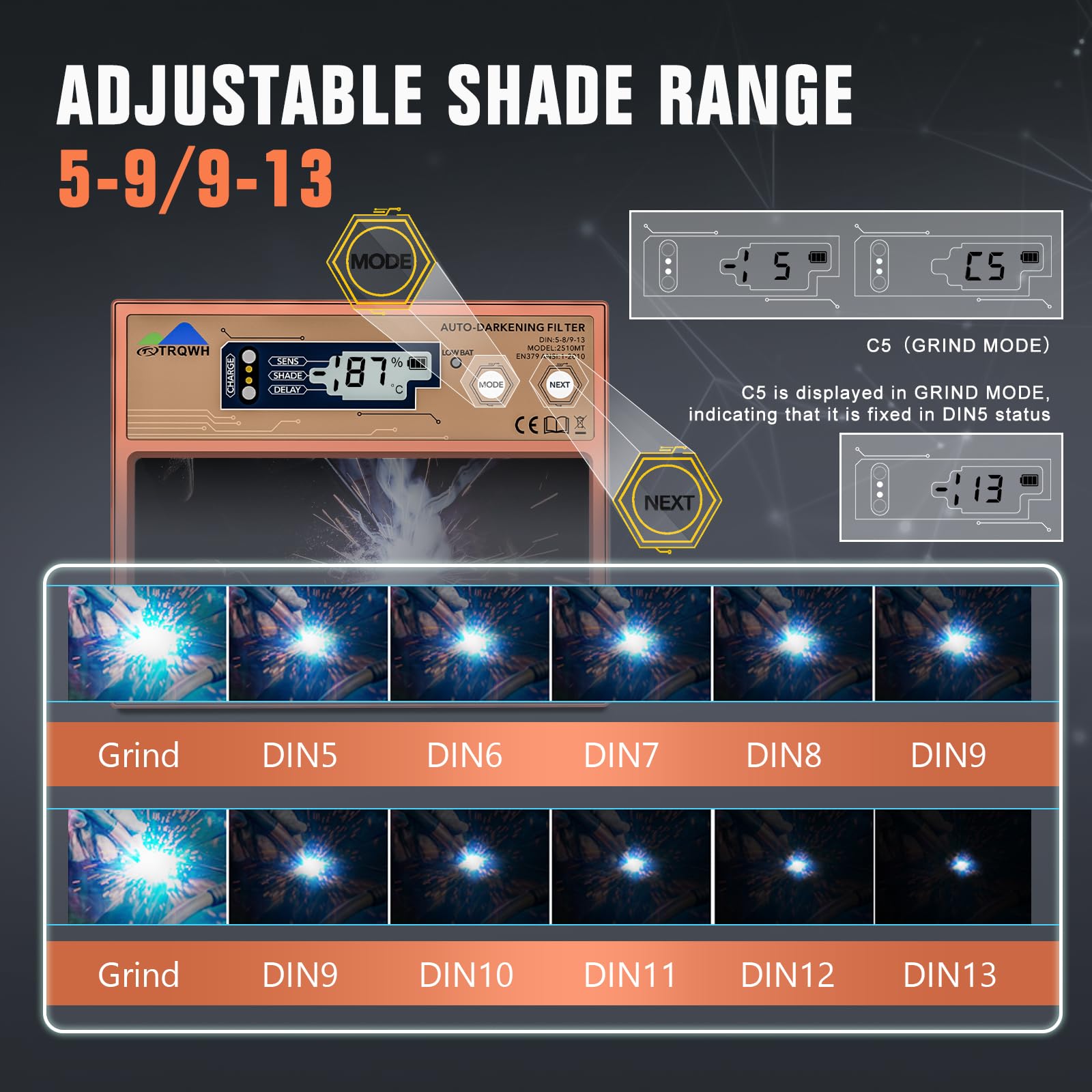 TRQWH Lente de soldadura de metal de 4.3 x 3.54 pulgadas, oscurecimiento automático, tecnología de color real, pantalla digital, lente de casco de soldadura, rango de sombra ajustable 4/5-13, lente de
