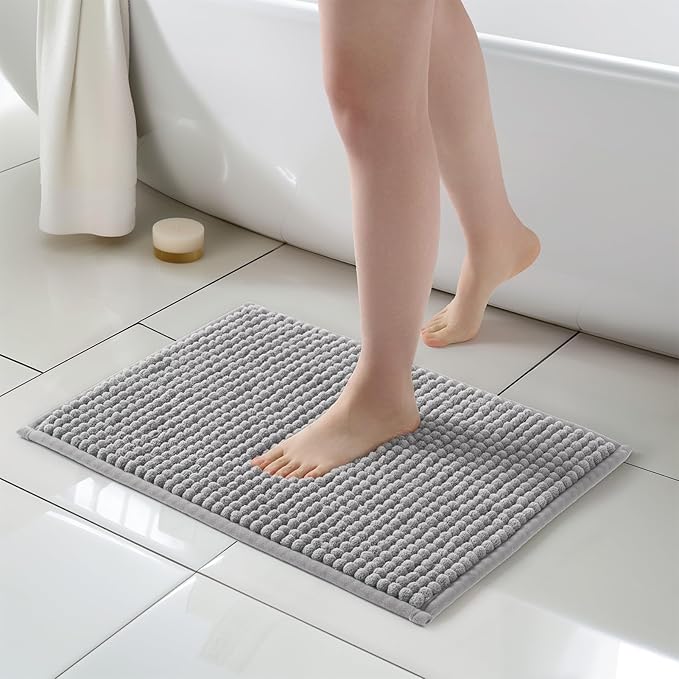 FRESHMINT Thick Chunky Chenille Bathroom Rug, 17"x24", Non Slip Bath Mat, Soft Bathroom Decor, Cute Shower Mat, Water Absorbent, Washable, Dove Gray