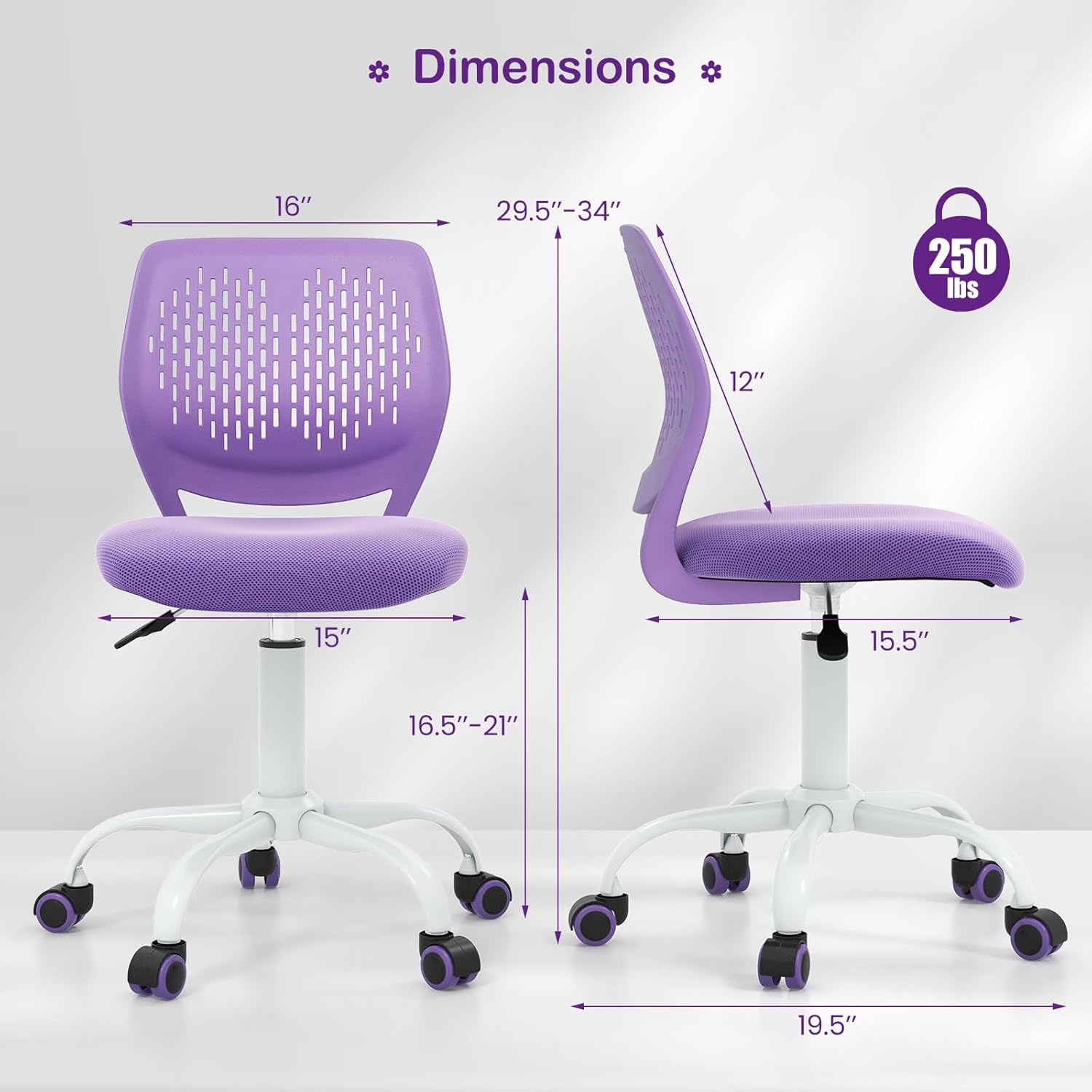 Giantex Kids Desk Chair, Adjustable Children Study Chair, Swivel Armless Mesh Task Office Chair, Computer Desk Chair with Adjustable Height & Lumbar Support (Purple)