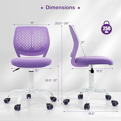 Miniatura 3 de Giantex Silla de escritorio para niños, silla de estudio ajustable para niños, silla de oficina giratoria de malla sin brazos, silla de escritorio