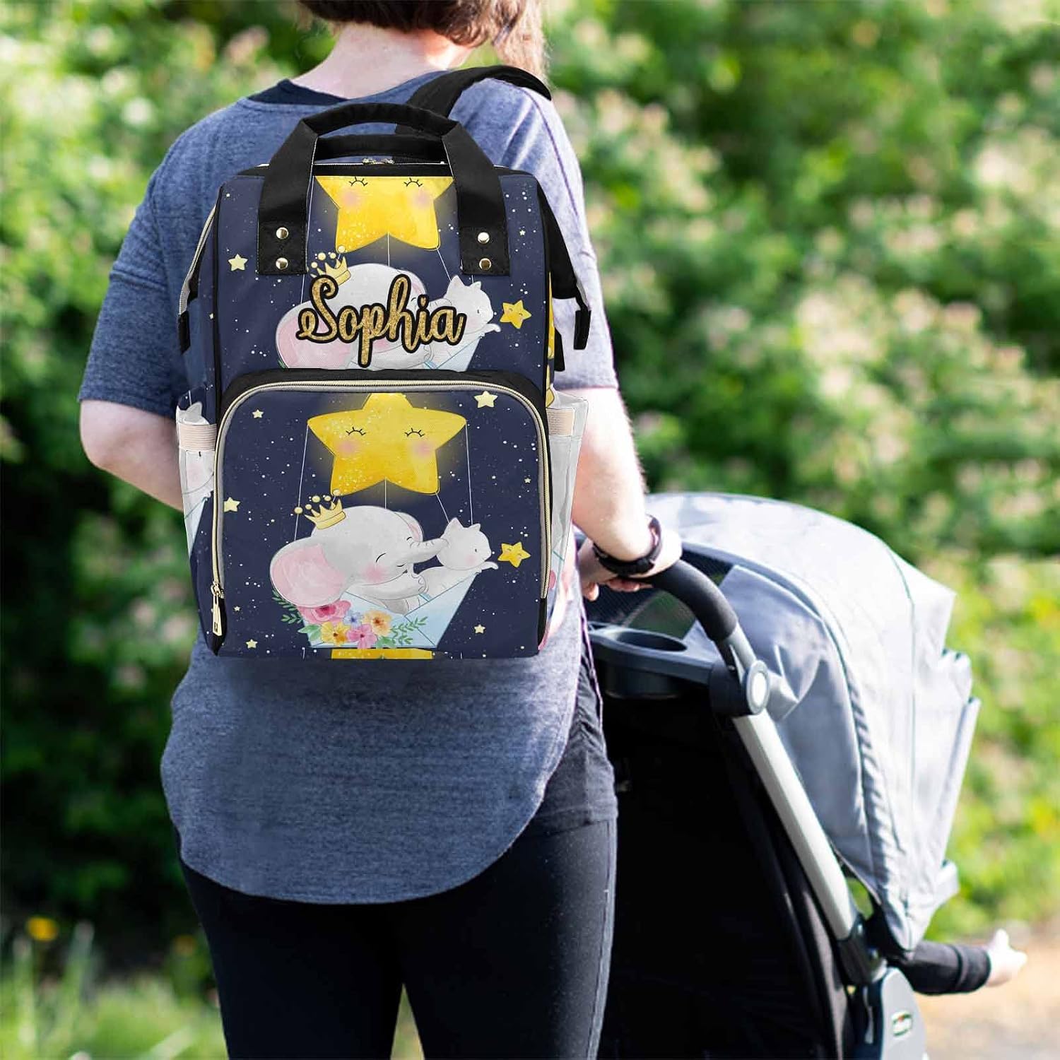 M YESCUSTOM Personalized Diaper Bag with Name, Custom Stars & Animal Mommy Nursing Daypack Nylon Travel Nappy Backpack Birthday Mother's Day Gift for Women New Mom