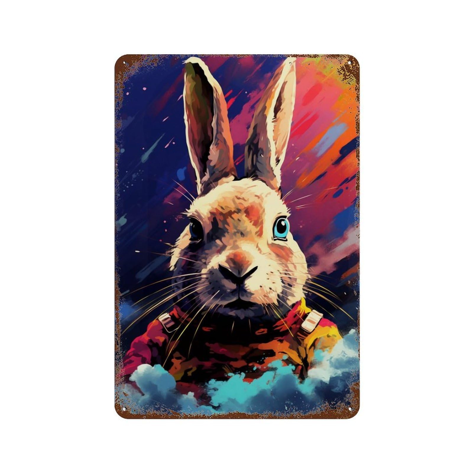 Vintage Rust Metal Sign Cosmic Bunny in Space Suit 11.8"x7.9", Vintage Wall Decor for Office, Studio And Wall Decor