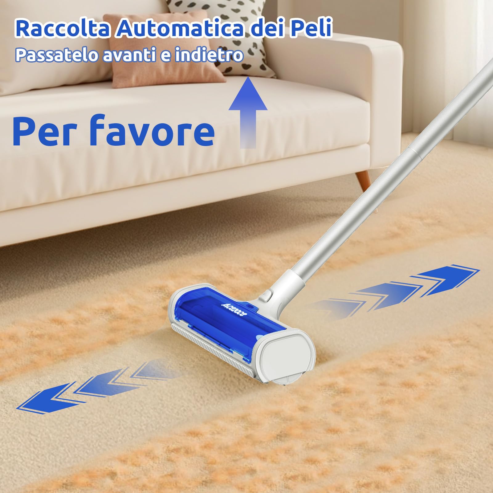 ACE2ACE A3 PRO Spazzola Peli Animali da Tappeti, Spazzatrice Autopulente a Raccolta Autonoma, Spazzola per Tappeti con Manico Lungo 1.5m per Rimuovere Peli di Cane e Gatto da Moquette e Stuoie, Blu
