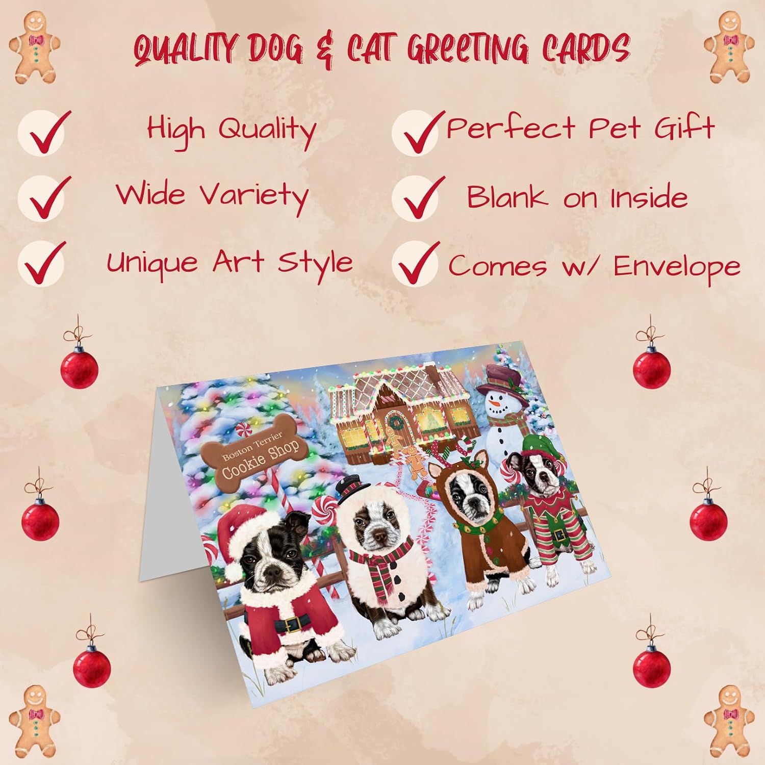 Doggie of the Day Gingerbread Cookie Christmas Boston Terrier Dogs Note Cards with Envelope - Handmade Invitation Cards Assortment Bulk Cute Puppy Dogs GCD76946 (10 Note Card)