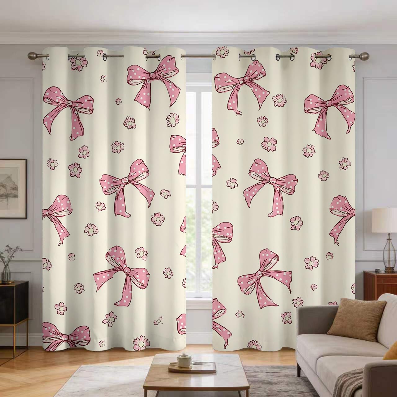 Rideau occultant mignon nœuds filles rose pour décoration de chambre et salon oeillets