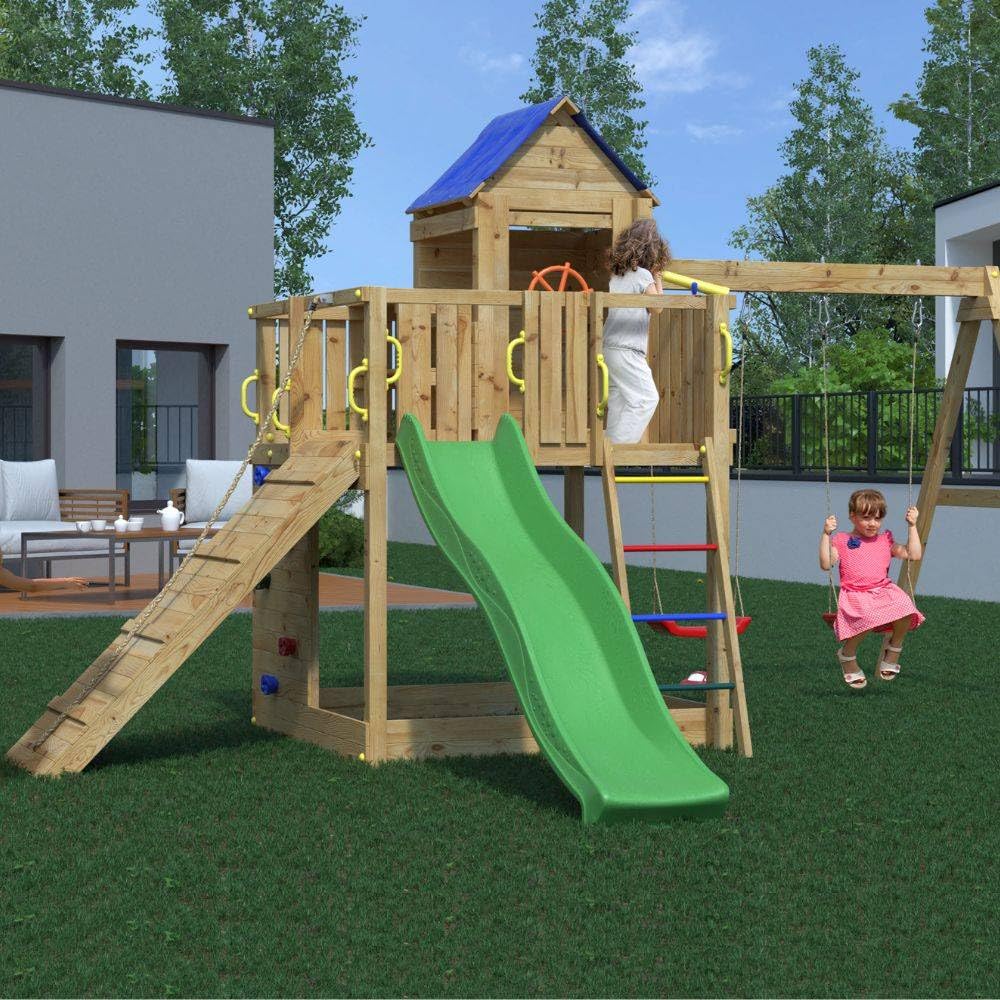 Casetta da Giardino per Bambini Fungoo Treehouse 3 – Parco Giochi in Legno con Altalene, Scivolo 2,2 m, Arrampicata e Accessori – Uso Privato – Disponibile da Agosto 2025