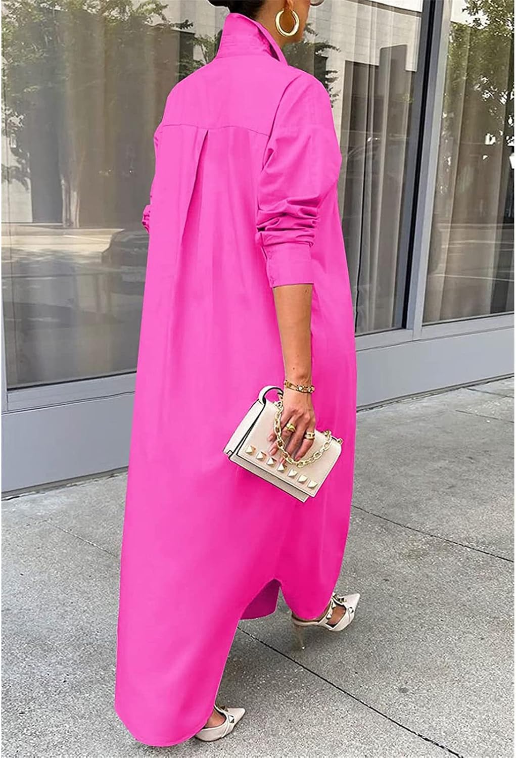 DGHM-JLMY Ladies Solid Loose Casual Long Shirt Button Down Shirt Maxi Dresses Fashion Button Open Front Long Shirt Dress