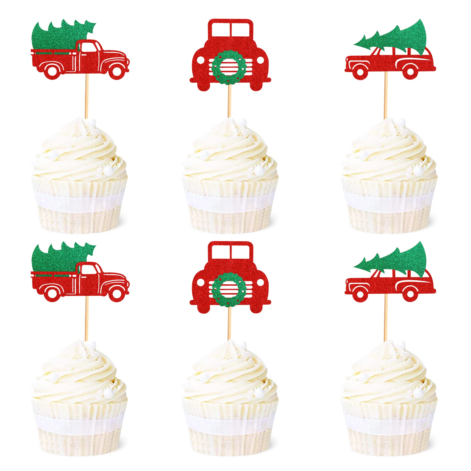 Ercadio 24 Pack Merry Christmas Cupcake Toppers Red Truck and Car Christmas Tree Cupcake Picks Xmas Holiday Cake Decoration for Christmas Theme New Year Party Supplies