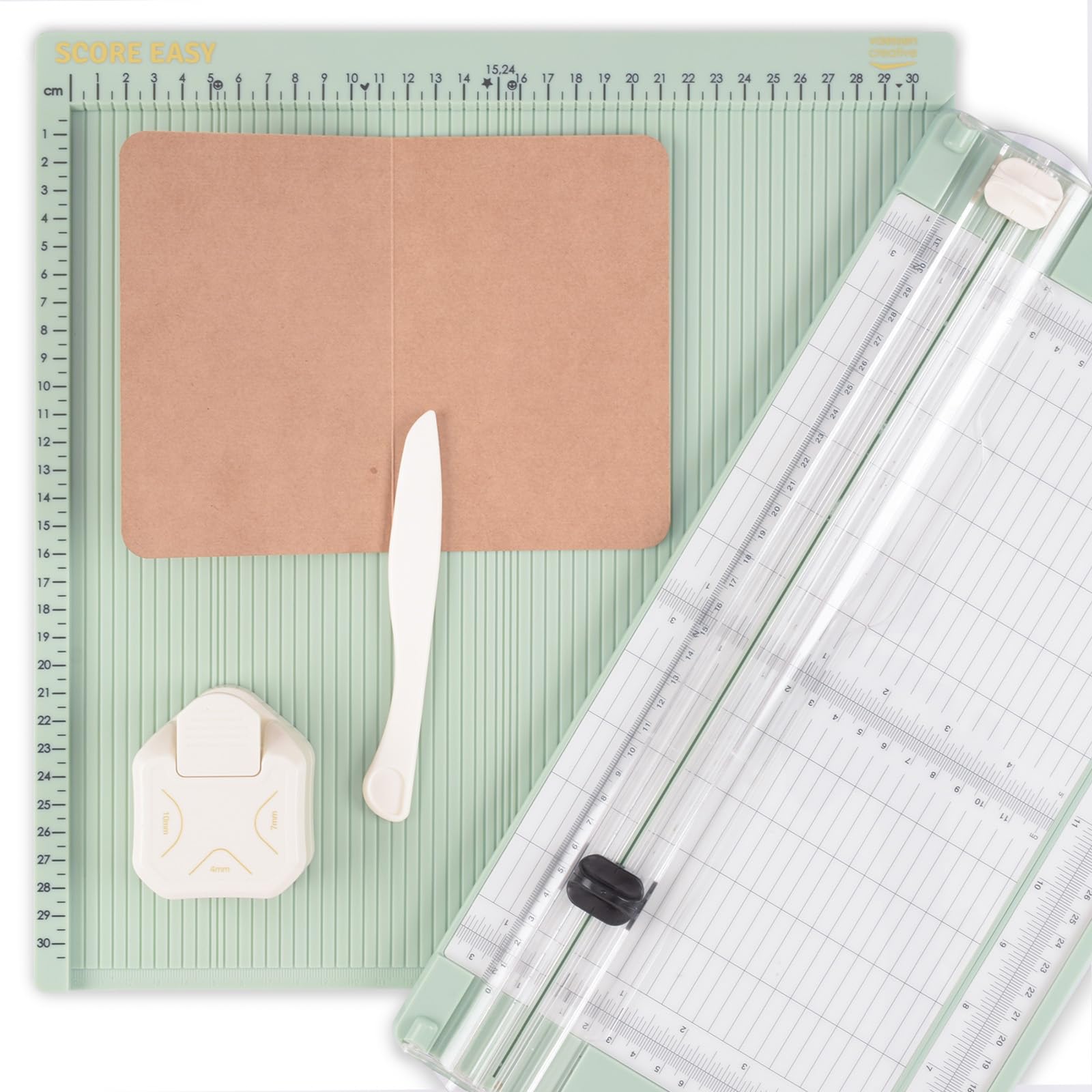 Vaessen Creative Zestaw rękodzieła - Frez do papieru 15,2 x 30,5 cm z tablicą punktacji łatwy wynik 30,5 x 30,5 cm i dziurkacz narożny 4, 7, 10 mm do majsterkowania, tworzenia dzienników, tworzenia