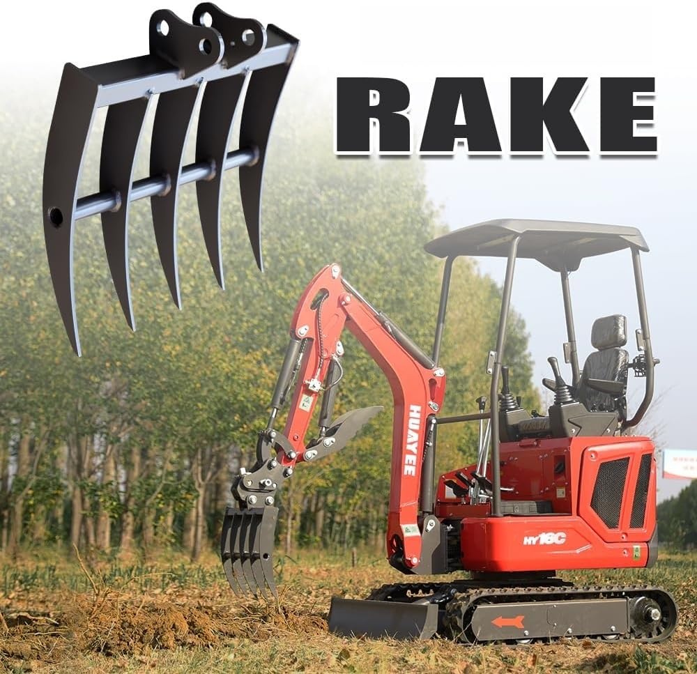 Rastrello per Miniescavatore 0,8–1,8T, Accessorio Escavatore Compatto per Livellamento Terreno, Rimozione Detriti e Preparazione Suolo con Attacco 25 mm