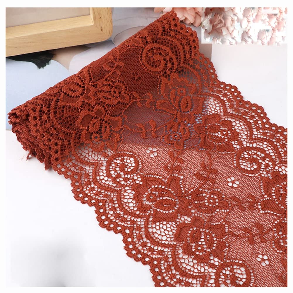 Egurs 15cm x 5m Stretch Lace Ribbon Floral Lace Trim Embroidery Flower Lace Fabric Vintage Stretchy Lace Border Trim Decorative Ribbon for DIY Sewing Crafts Wedding Decoration Dressmaking Red-Brown