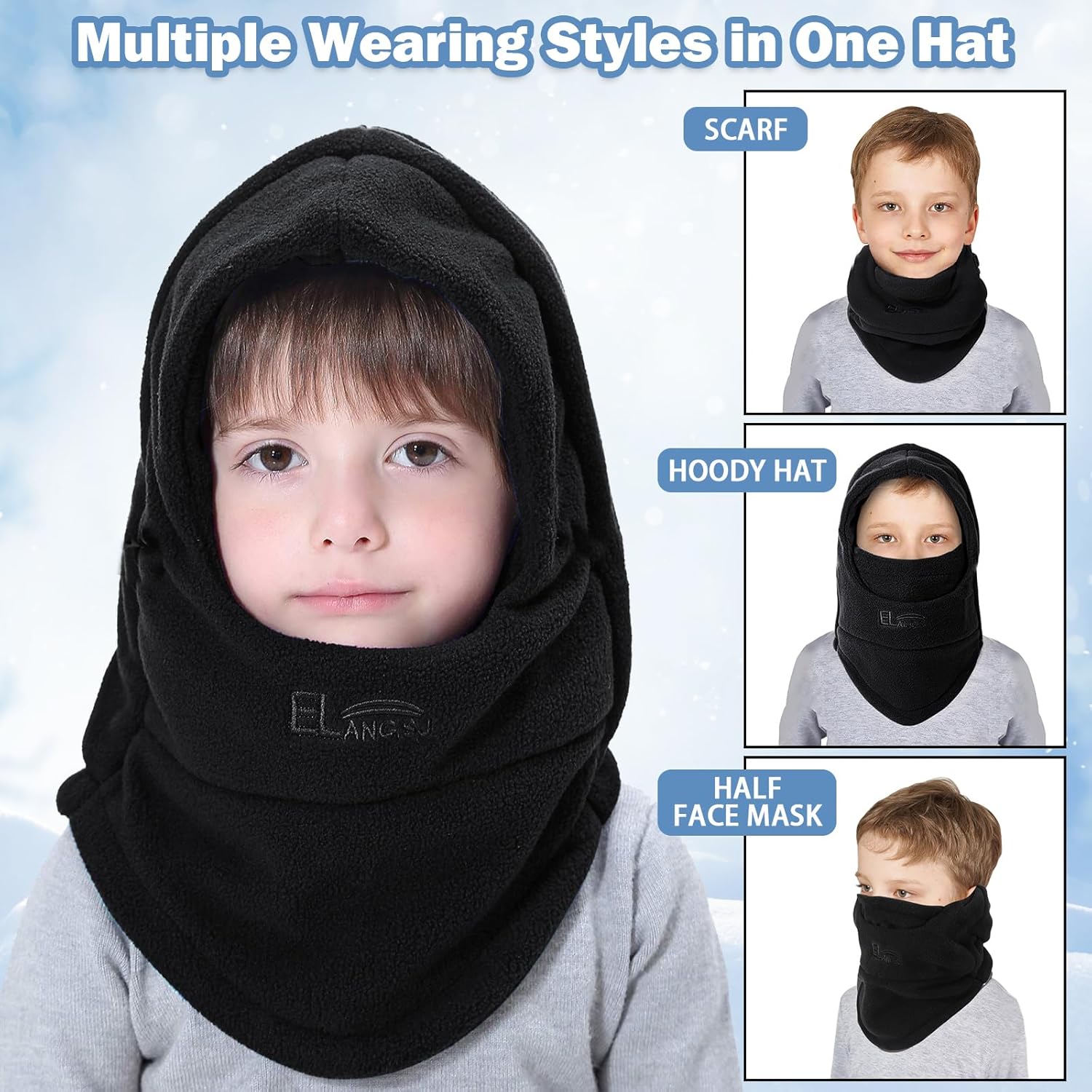 Thermische bivakmuts voor de winter van fleece voor kinderen van 3 tot 10 jaar, warme winddichte muts met kap, zachte pluche sjaal, nekwarmer, fleece bivakmuts voor jongens en meisjes, hoed, zwart