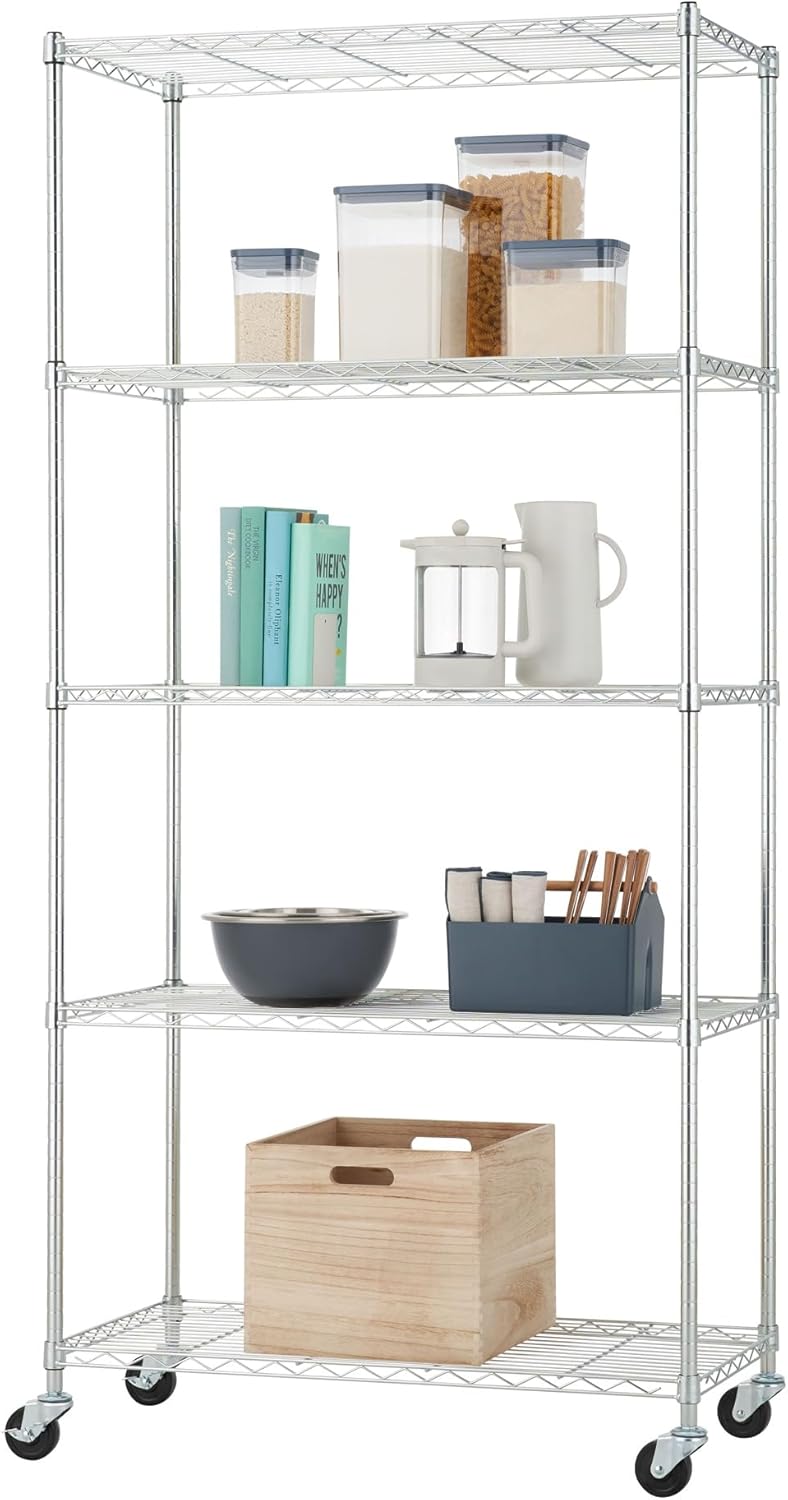 5-Tier Adjustable Wire Shelving with Wheels, Wire Shelf Rack for Kitchen Organization, Garage Storage, 400 to 2000 Pound Capacity, NSF Certified, 36” x 18” x 72”, EcoStorage Chrome
