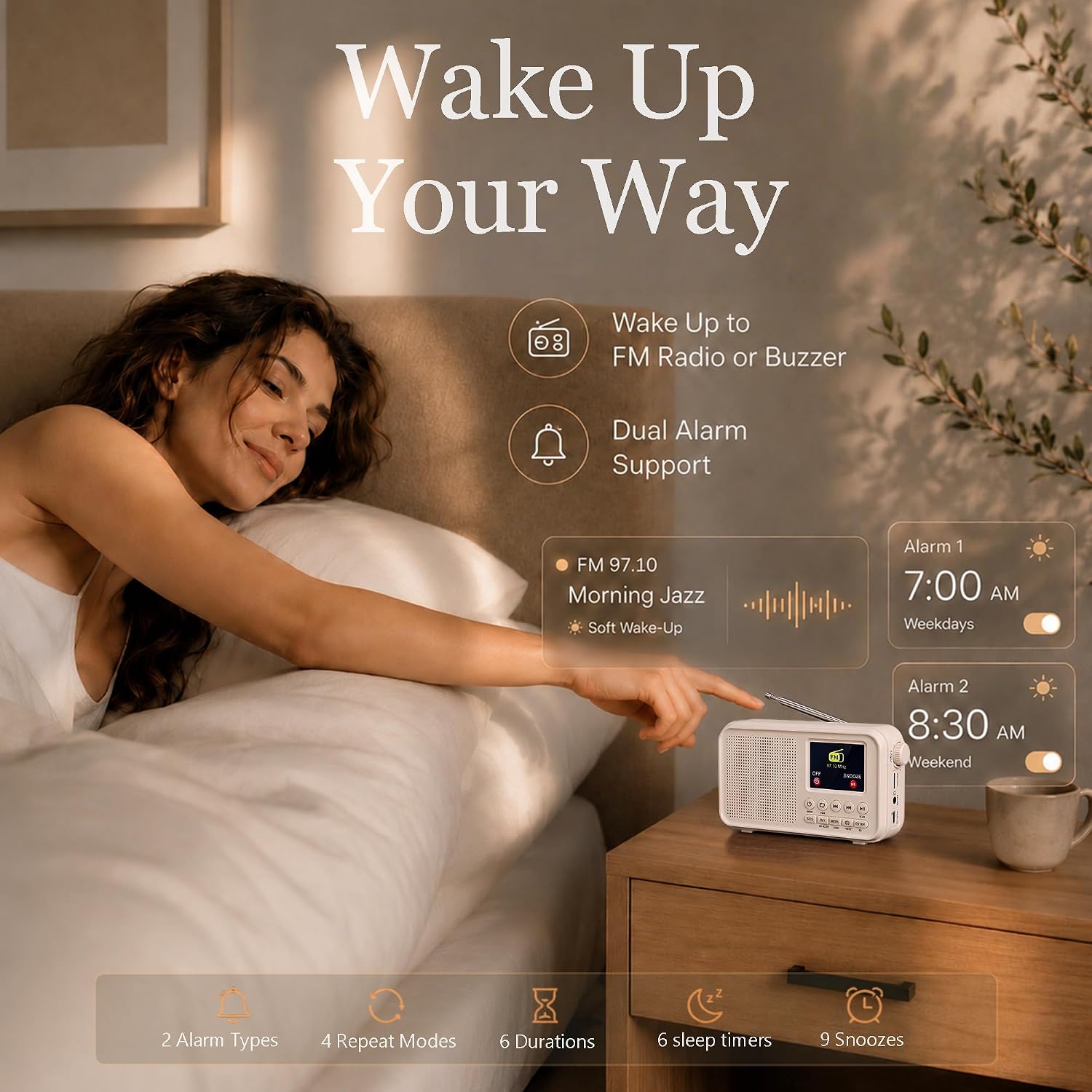 Raynic FM Radio with Bluetooth, NOAA Weather Band, 2.4" Color Screen, Rechargeable Portable Radio, Dual Alarms, microSD Playback, USB-C Charging, Headphone Jack for Home, Bedroom, Office & Travel