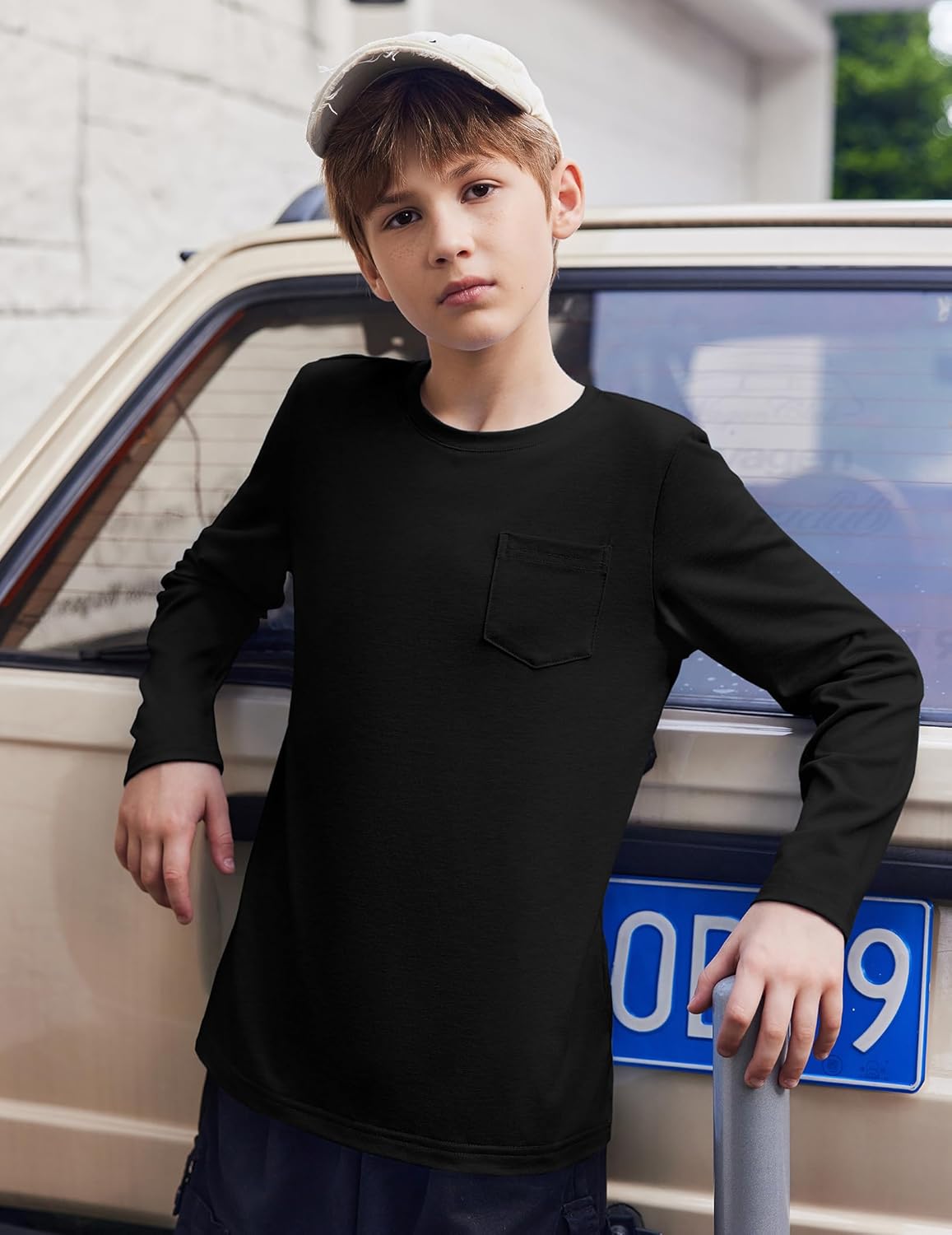 Arshiner Boys Long Sleeve Shirts Casual Crewneck T Shirt Solid Tees Tops with Chest Pocket for Kids 5-12 Years - Image 4