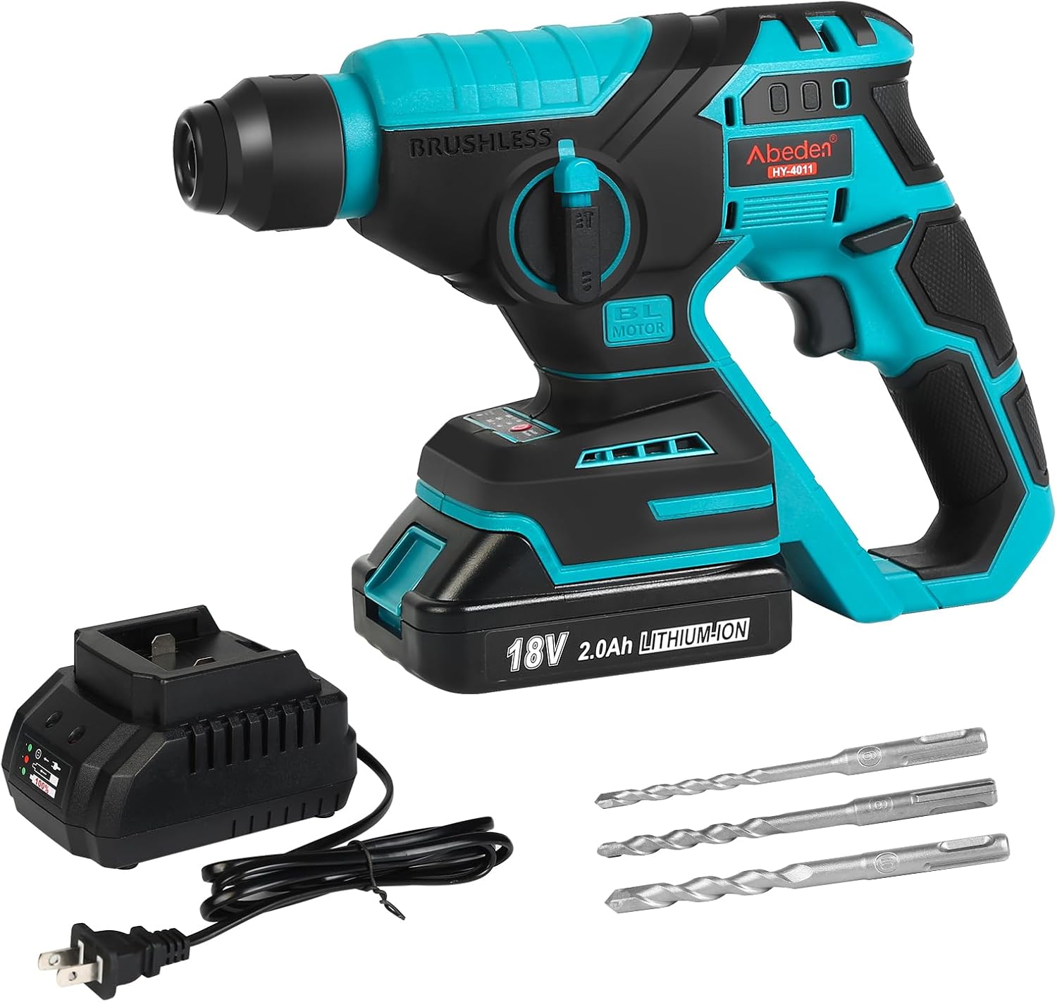 Abeden Cordless Rotary Hammer Drill Kit with 2.0Ah Lithium-Ion Battery and Charger,Brushless Motor,SDS Plus,2 Modes,3 Drill Bits,Variable Speed for Concrete Wood Brick Metal