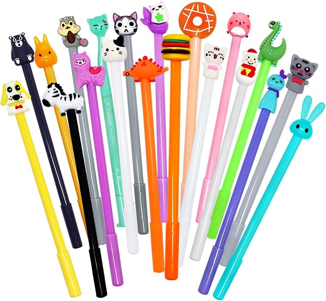 Yeelua Novelty Gel Pens for Kids, 20 Pcs Cute Cartoon Animals Pens, Childrens 0.5mm Black Ink Writing Pens, Girls Boys Kawaii Cat Funky Fun Pens for Birthday Gift School Office Supplies