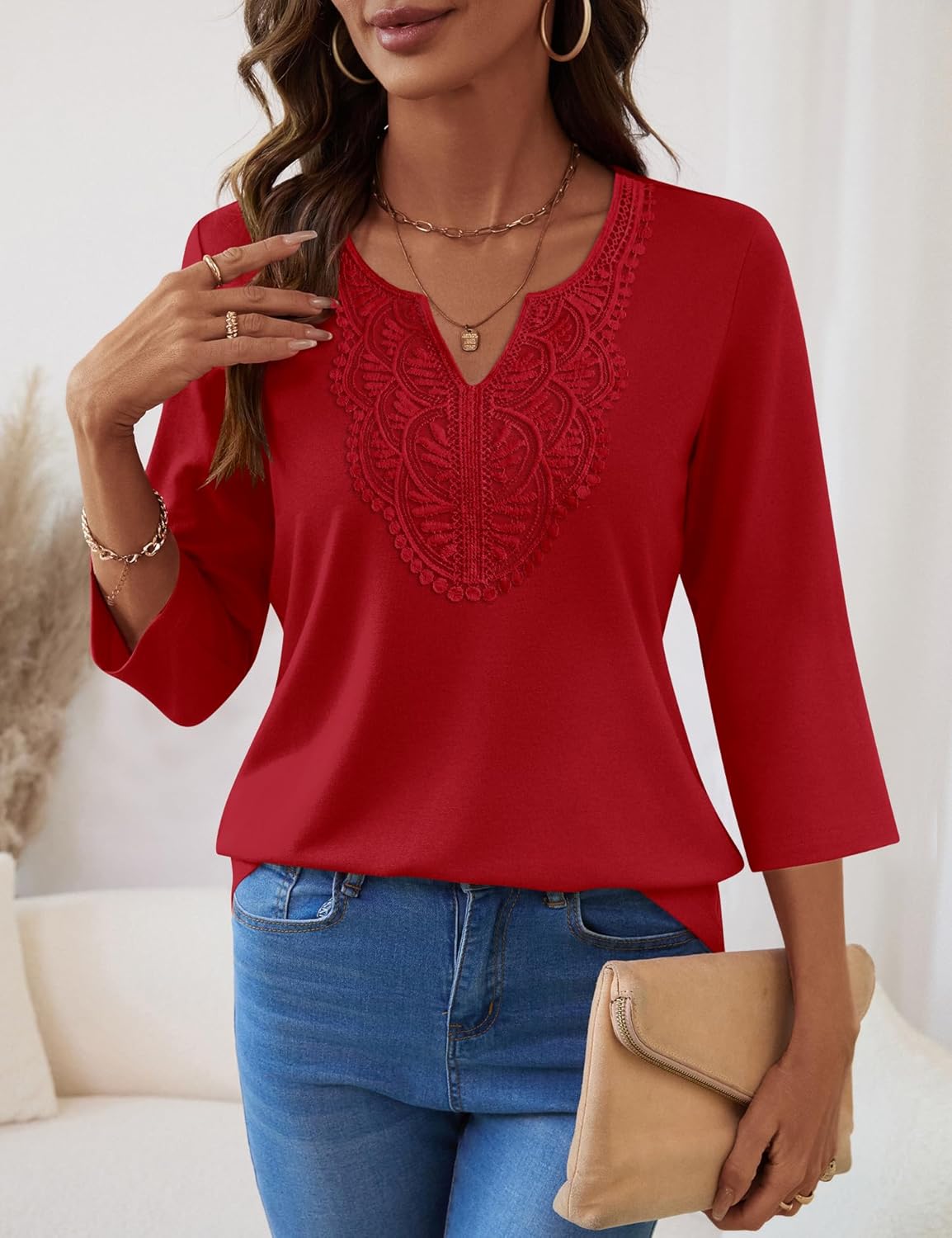 Ivicoer 3/4 Length Sleeve Womens Tops Boho V Neck Lace Shirt Vacation Clothes Trendy Blouses Dressy Casual - Image 4