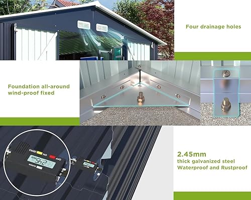 Miniatura 6 de VanAcc Cobertizo de almacenamiento para exteriores de 10 x 12 x 7.5 pies, kit de cobertizos de jardín de metal de acero galvanizado con 2 ventanas