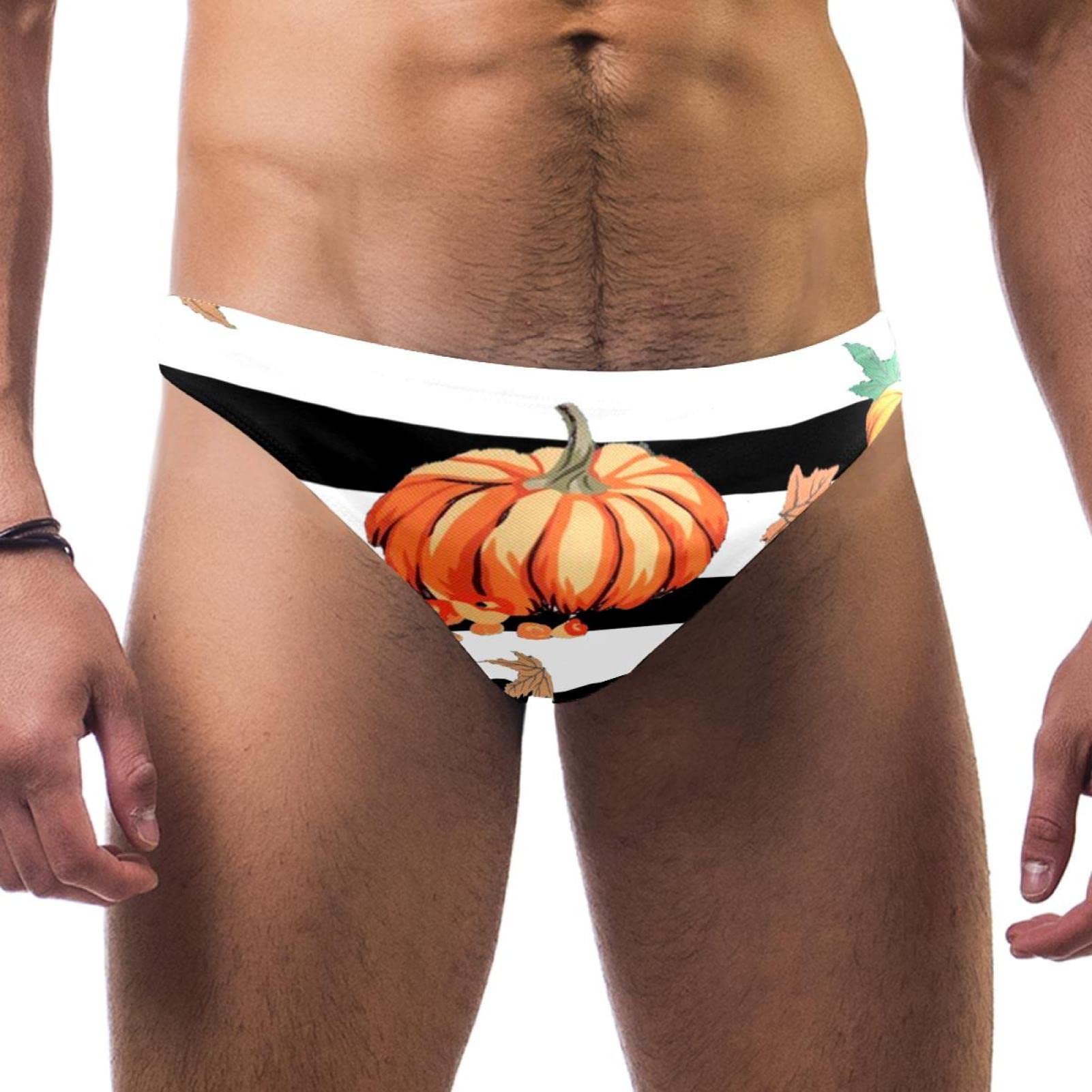 Men's Ployester Swim Briefs Print Bikini Swimsuit with Elastic Waistband Autumn Pumpkin Leaves Black Stripes