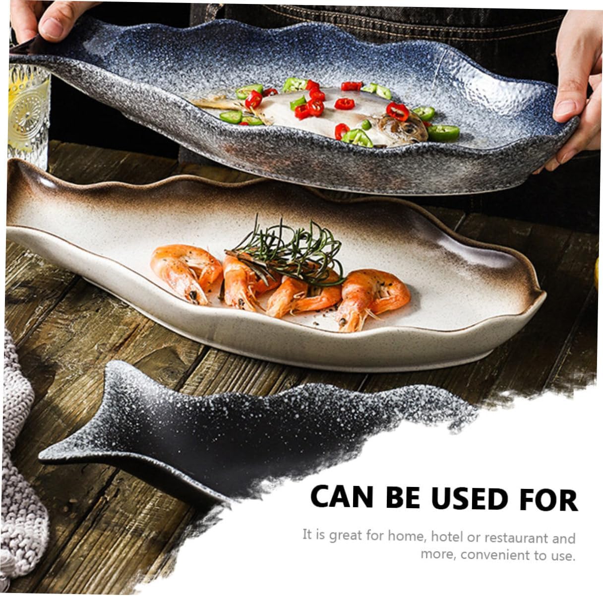 Japanese Style Ceramic Fish Platter 14-inch Autumn Tone Steamed Fish Serving Sushi Plate Food Storage Dish for Kitchen and Dining