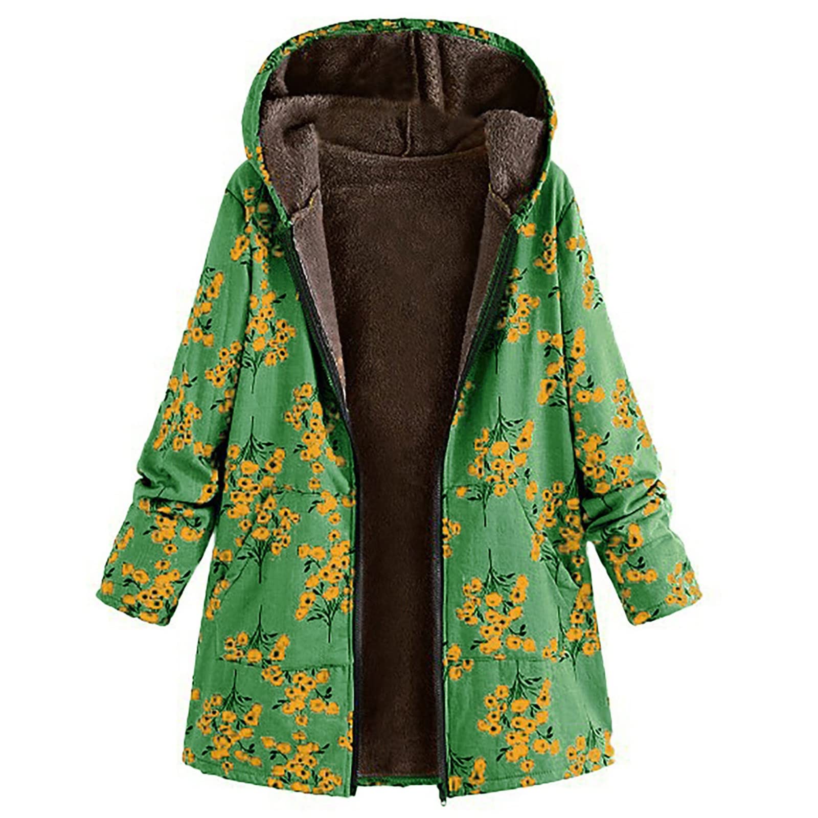 Plus Size Full Zip Up Thick Shaggy Fuzzy Coat,Long-Sleeved Jacket for Women Floral Print Fleece Lined Overcoat