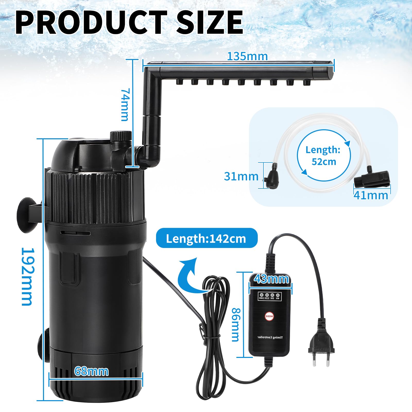 DBREAKS Filtr wewnętrzny do akwarium 5 w 1, 400 l/h, pompa z lampą UVC 3 W i timerem, regulowany filtr akwariowy do akwariów