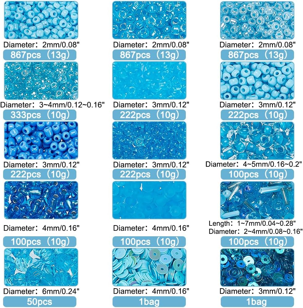 PH PandaHall 9600pcs 12 Styles Glass Seed Beads 2mm 3mm 4mm Pony Bead with Glass Blue Craft Bugle Beads 6mm Faceted Glass Bead 2 Style Flat Round Paillette Sequins for Jewelry Making - Image 2