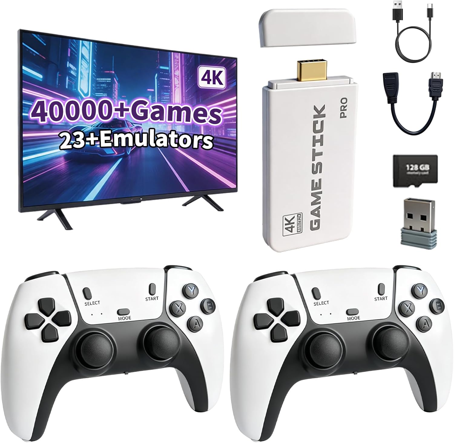 2026 New Upgraded Wireless Retro Game Console, Plug and Play 4K HDMI TV Game Stick, 23 Emulators and 40000+Games, with Dual 2.4G Wireless Controllers (White)