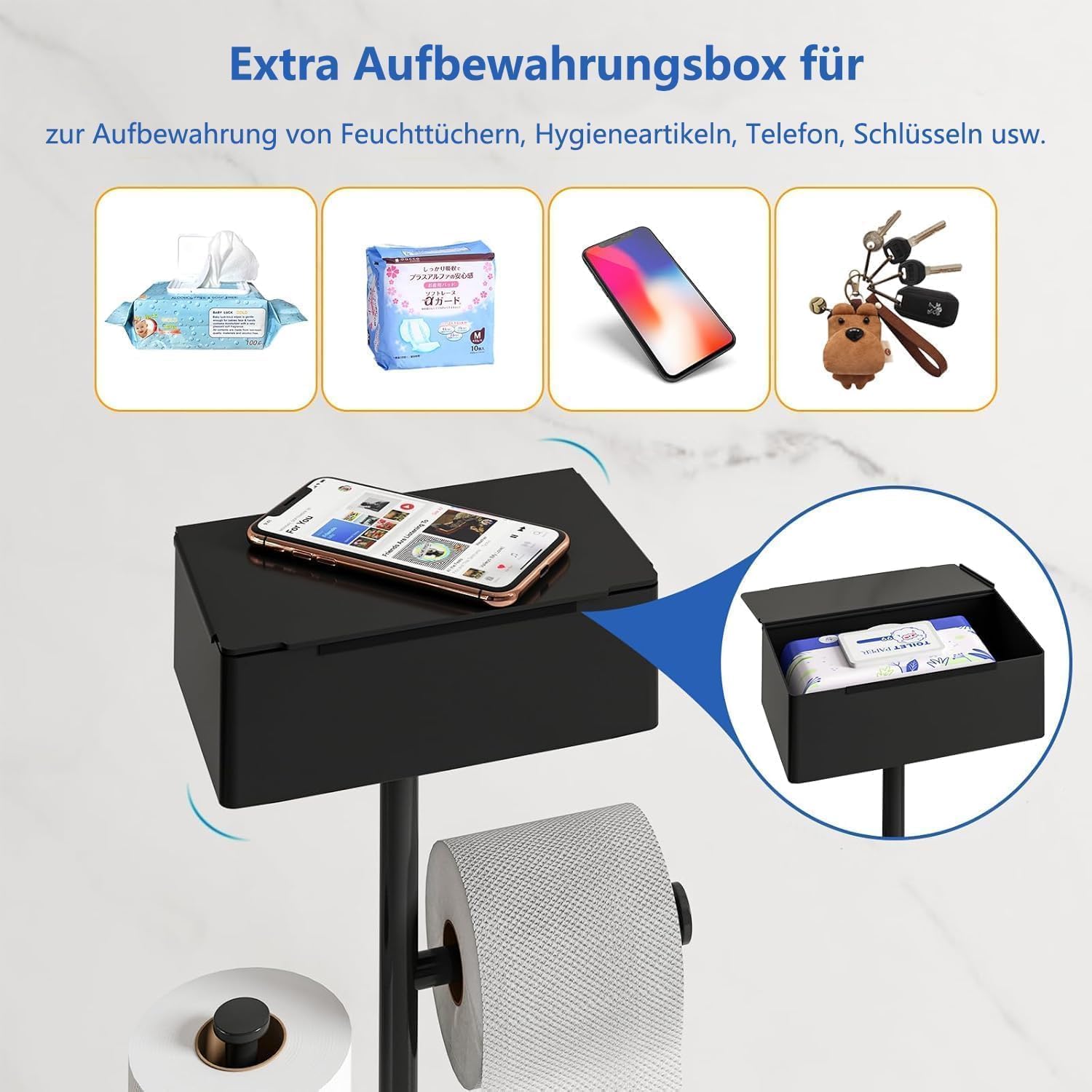 Klopapierhalter Stehend mit Klobürste - GUIGUZI Edelstahl Schwarz Toilettenpapierhalter mit Feuchttücherbox - WC Garnitur mit Toilettenpapierhalter Stehend und Toilettenbürste