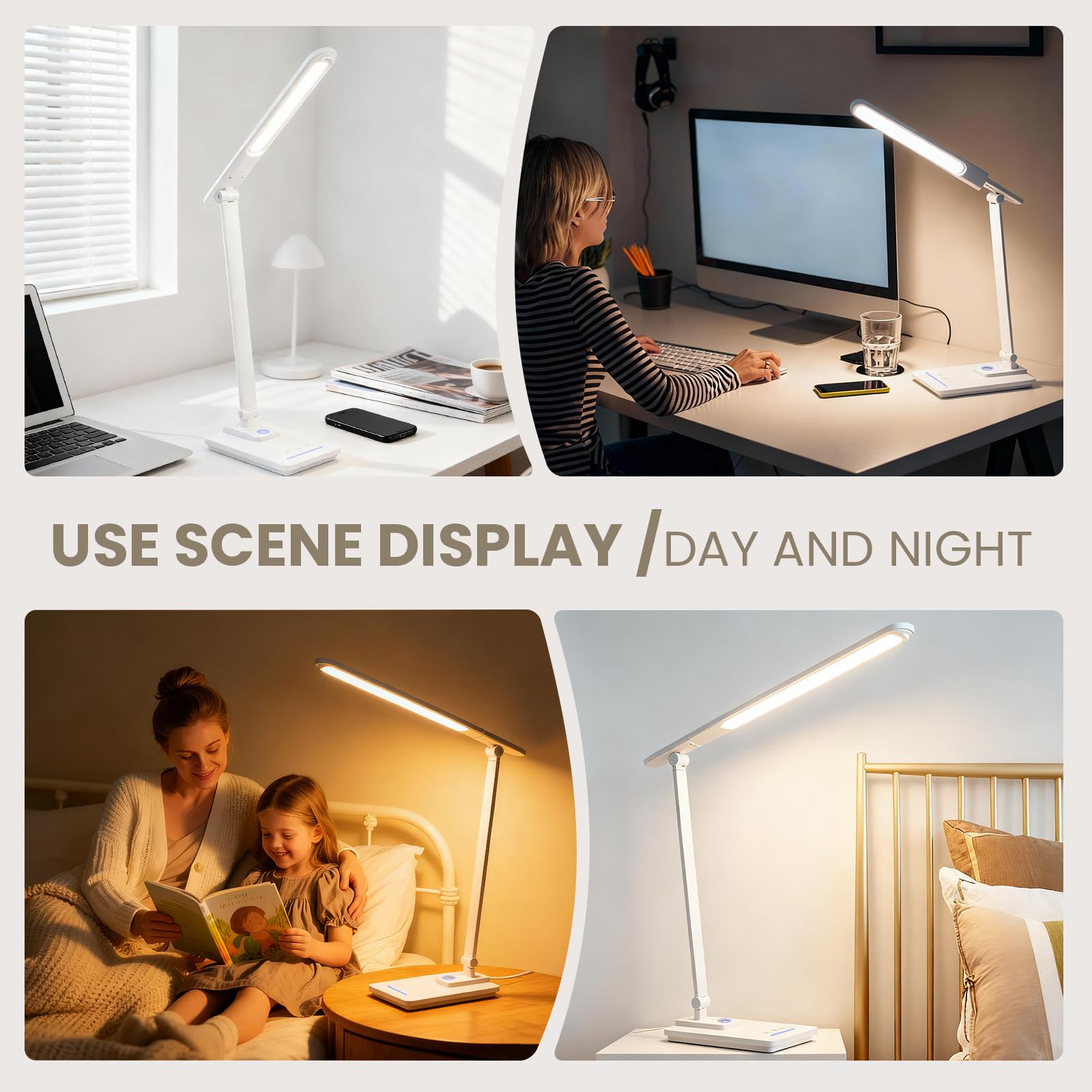 TECHNOVA LED-Schreibtischlampe mit 5 Farbtemperaturen, stufenloses Dimmen und One-Touch-Timer, faltbares und tragbares Design für Büro/Studium/Nagelkunst, USB-Aufladung und Vier-Achsen-Rotation für