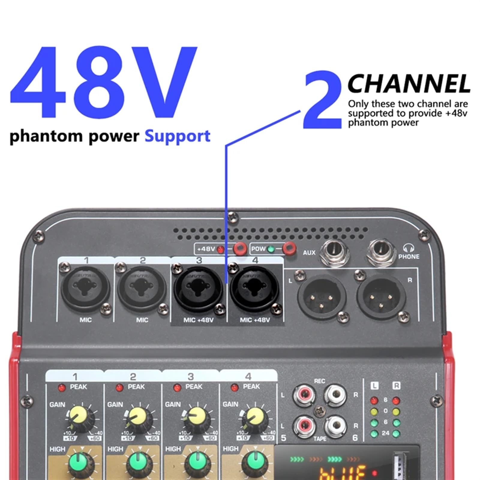 Controlador de DJ, Mezclador de Audio 6 canales, for conferencias al aire libre, USB, procesador con reverberación, cantar en vivo tarjeta sonido(Plug)
