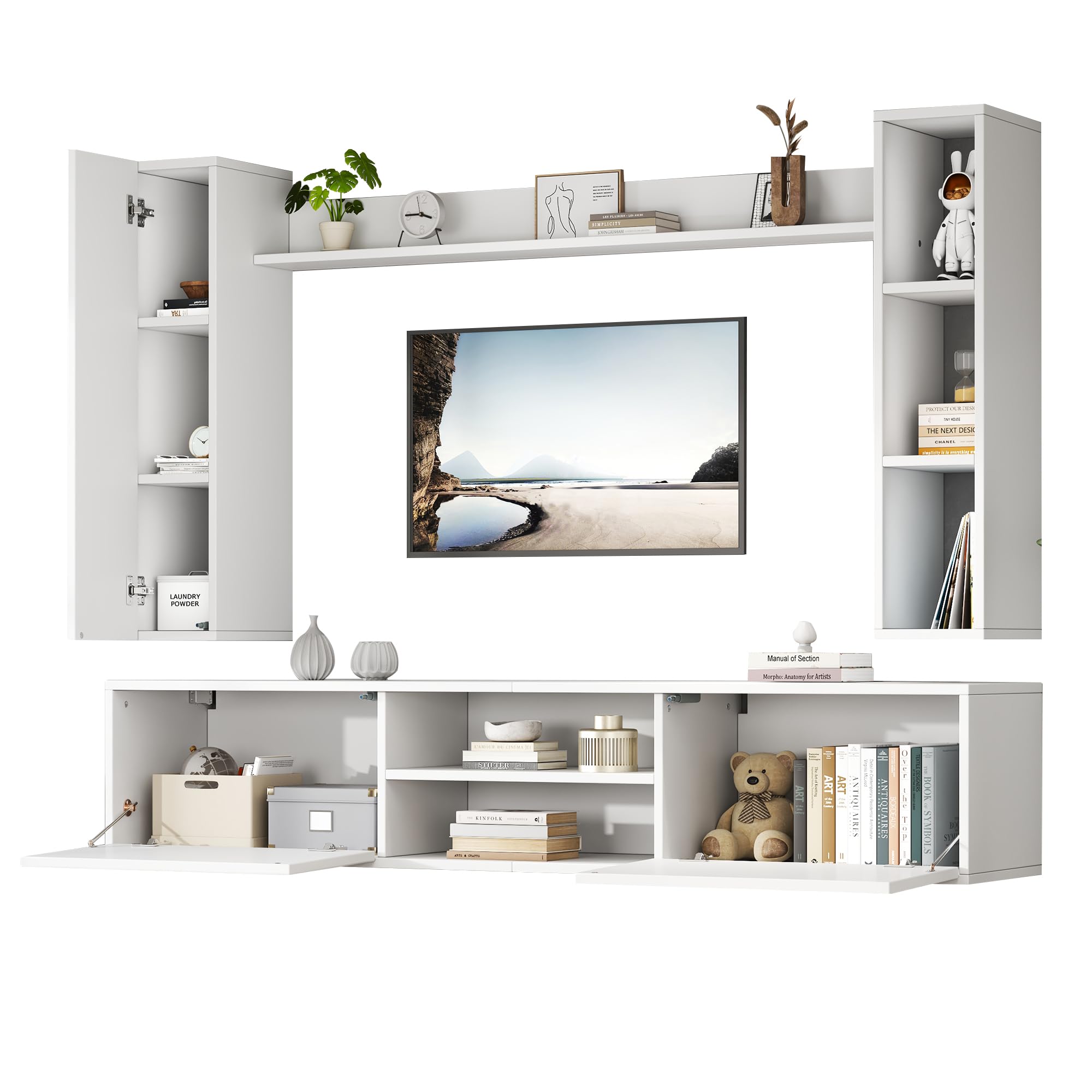 Set completo da parete per soggiorno, TV, mobili da soggiorno (set completo, 4 pezzi), scheda TV (vetrine) + scaffale + 2 mensole da parete (in piedi/sospeso), per TV fino a 80", 180 x 35 x