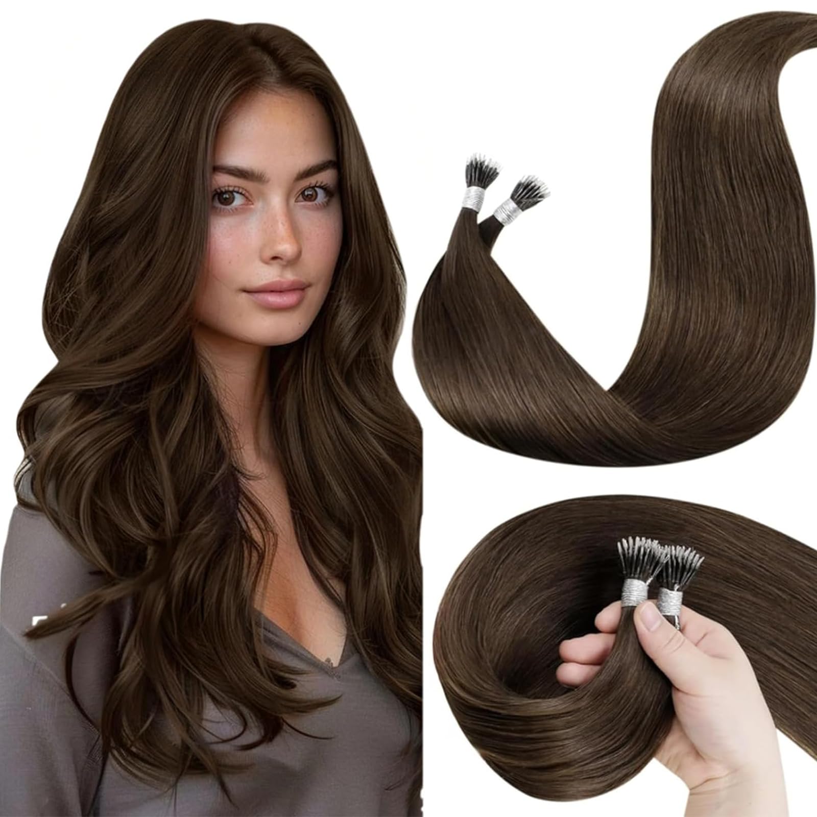 LaaVoo Nano Hair Extensions Real Human Hair 100g Full Head Nano Beads Hair Extensions Dark Brown Invisible Nano Ring Straight Remy Hair 100s 16 Inch #4
