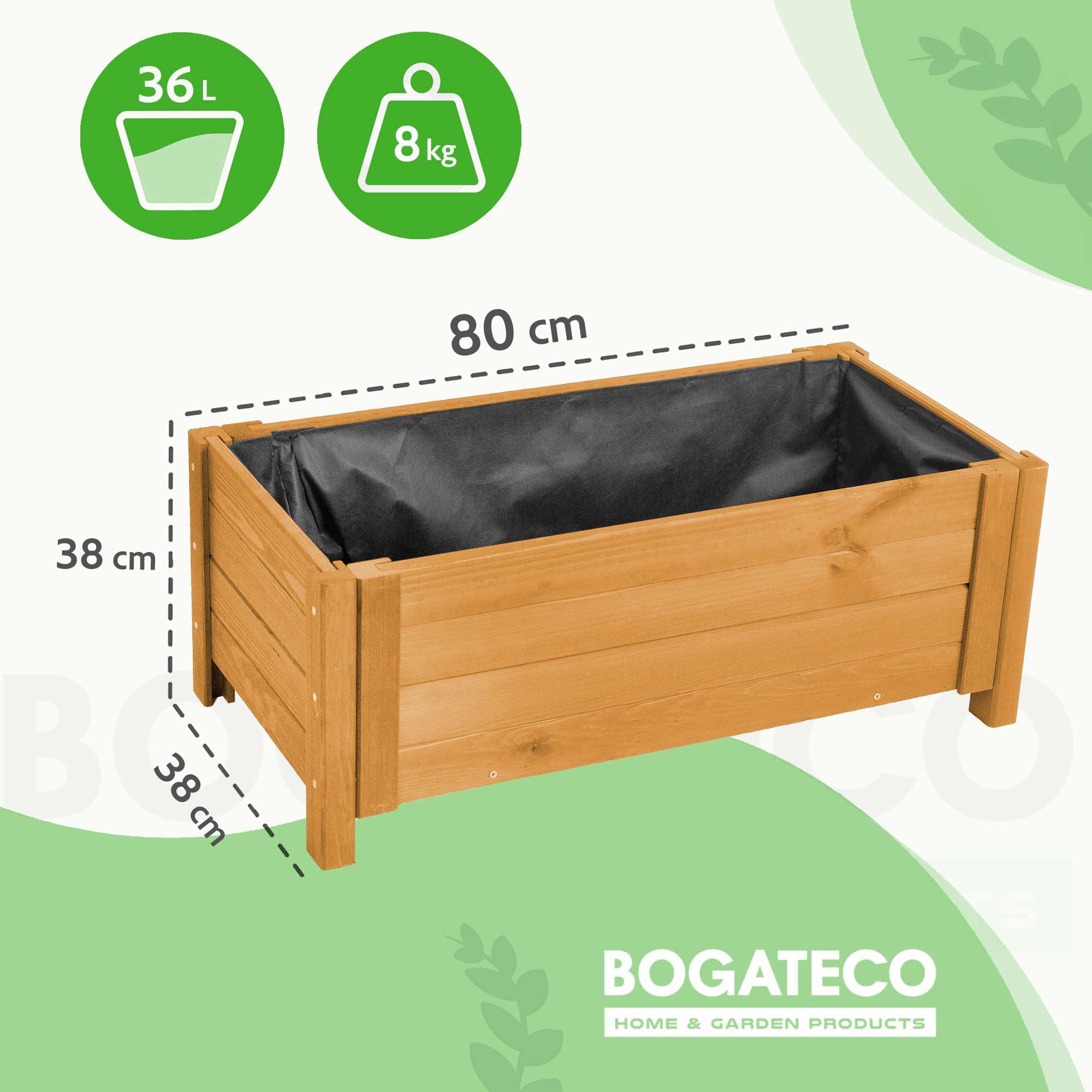 BOGATECO Macetero Jardín Madera para Exteriores | 38 x 80 cm | Terraza Balcón | Caja Cuadrada | Construcción Robusta y Impregnado | Llega ensamblado | con Agro-Textil | Roble Marrón