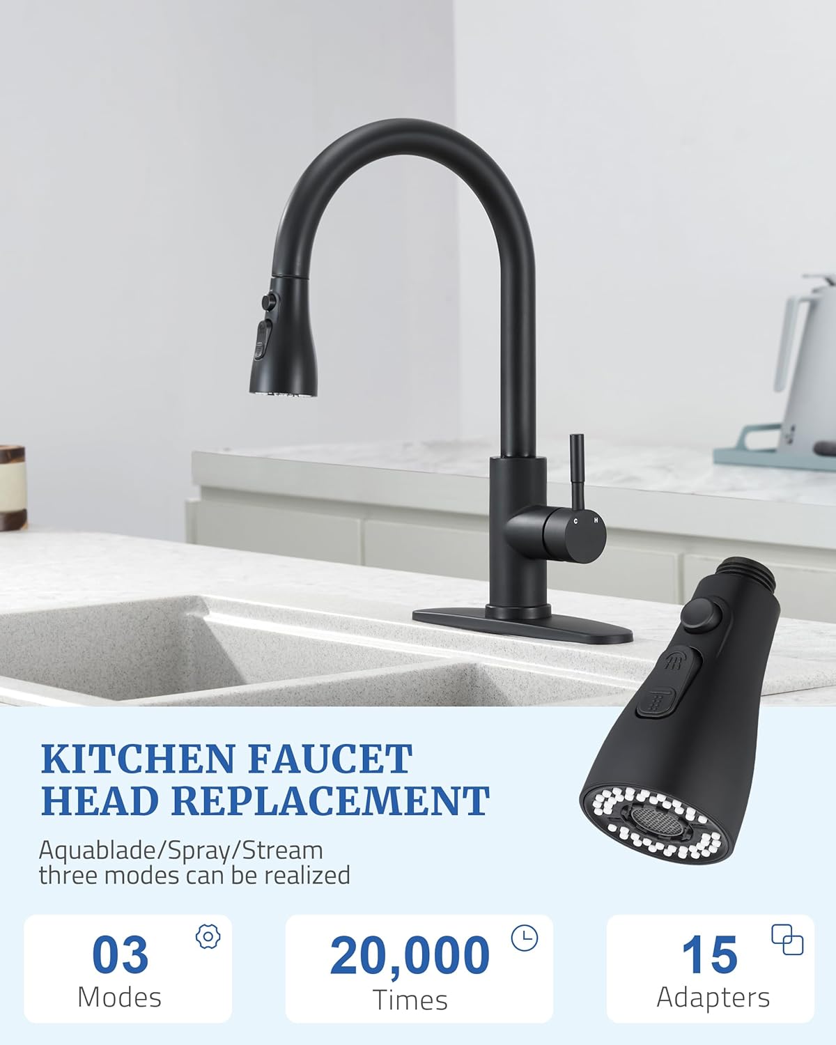 Metal Kitchen Faucet Head Replacement - with 15 Adapters, Pull Down Spray Head for Kitchen Faucet, 3 Function Sprayer Nozzle Stainless Steel, Matte Black