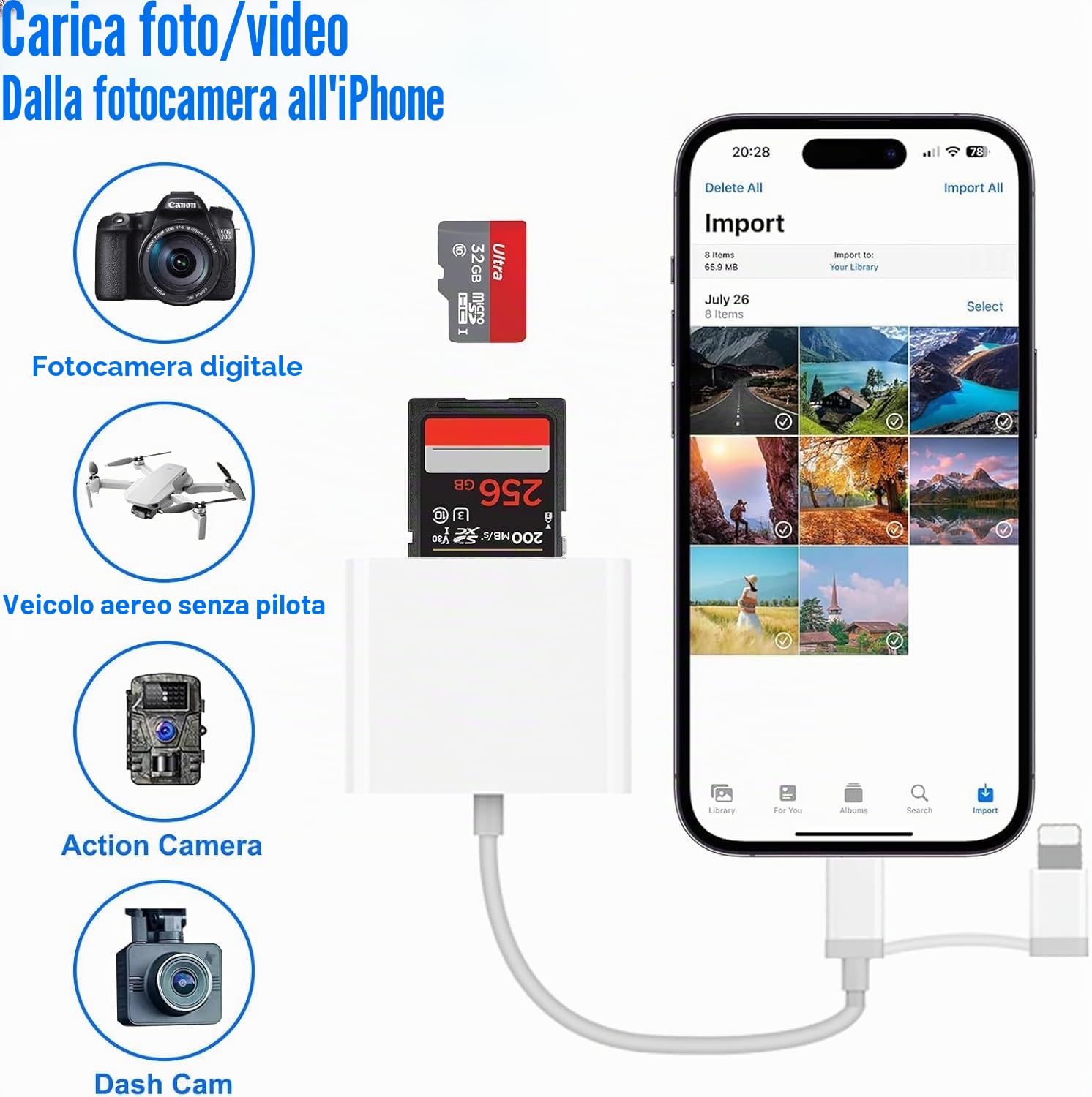 Lettore Schede SD per iPhone/iPad/Fotocamera, Adattatore Scheda SD per i-Phone, Adattatore SD per i-Phone, Adattatore Macchina Fotografica iPhone, SD Card Reader for iPhone Lettore Schede USB C