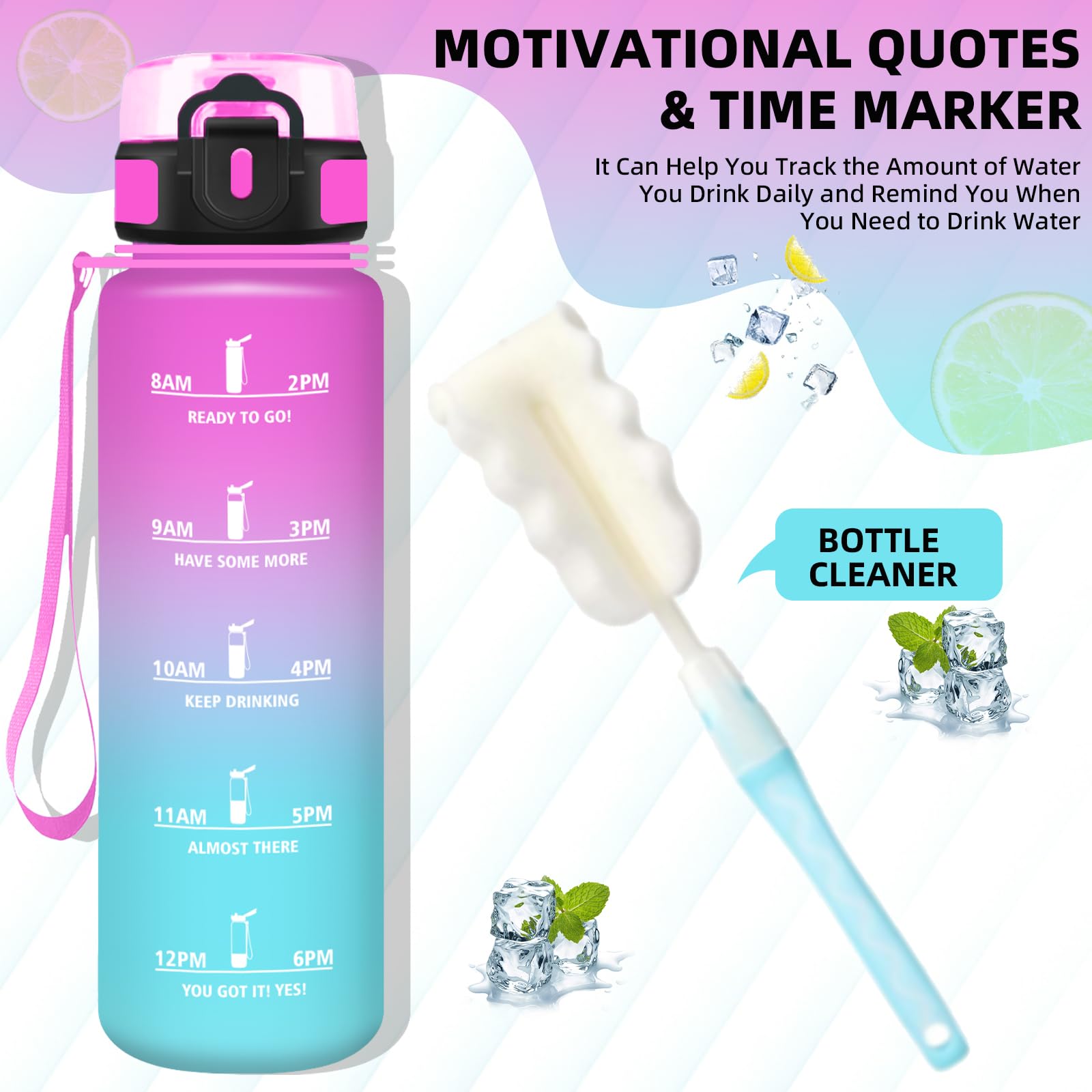 Botella Agua- 1 litro- Botella Agua Gimnasio, A Prueba de Fugas, Cantimplora con Filtro, Water Bottle con Eslogan Motivador, con Cepillo de Esponja, Cantimplora para la Yoga, Oficina, Triatlón - 4