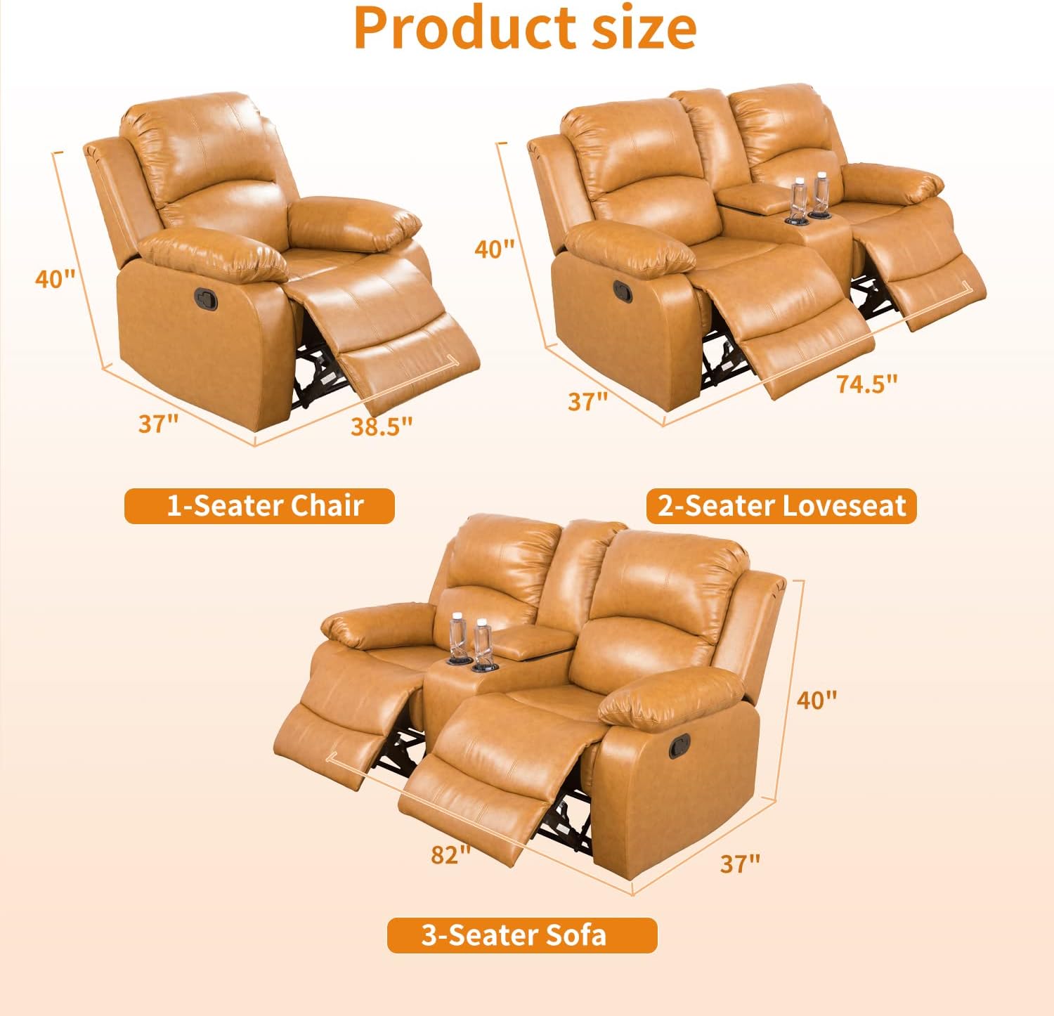 Manual Recliner Sofa Set Bonded Leather, Living Room Furniture Set, Reclining Sofa Set Leather Couch Loveseat and Chair with Drop Down Table&Storage Console for Home Theater (Ginger)