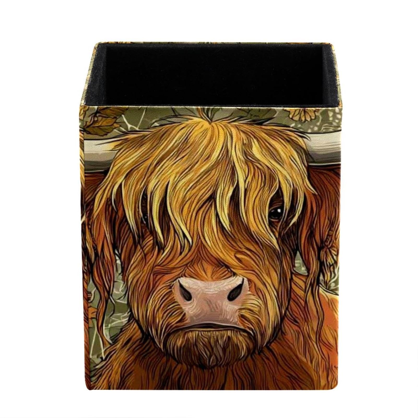 Watercolor Sunflower Yak Leather Pencil Holder: Multifunctional Desk Organizer Case for Office and Home, Aesthetic Rustic Retro Design Perfect for Teachers,Office Workers