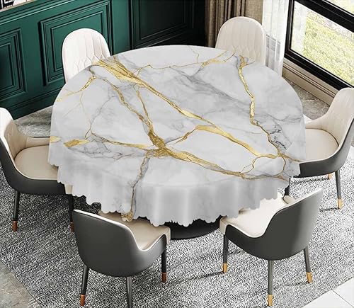 Miniatura 3 de IBILIU Mantel redondo de mármol blanco, textura de mármol blanco y negro, impermeable, a prueba de aceite, mantel circular de poliéster para picnic
